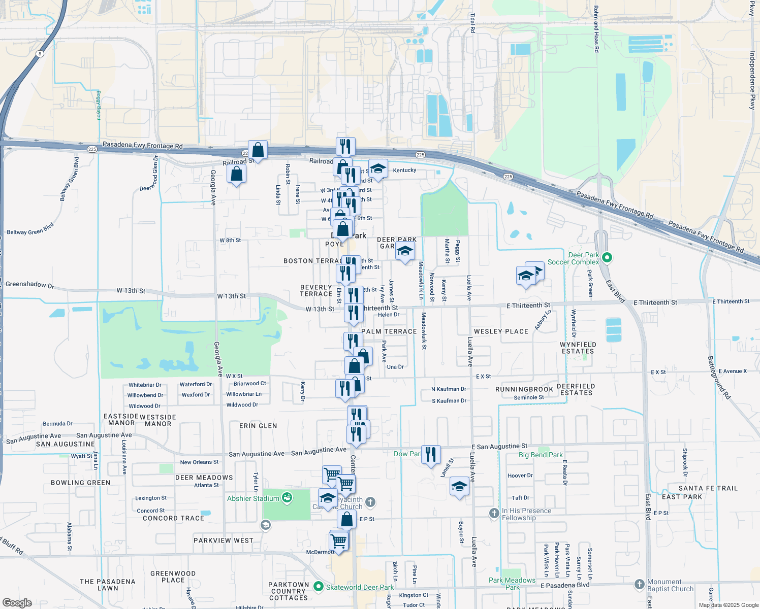 map of restaurants, bars, coffee shops, grocery stores, and more near 1230 Ivy Ave in Deer Park
