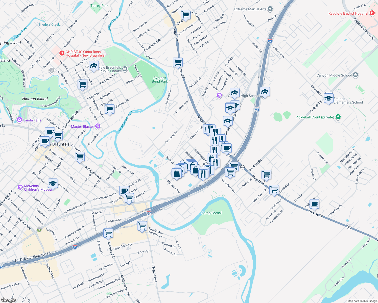 map of restaurants, bars, coffee shops, grocery stores, and more near 923 Porter Street in New Braunfels