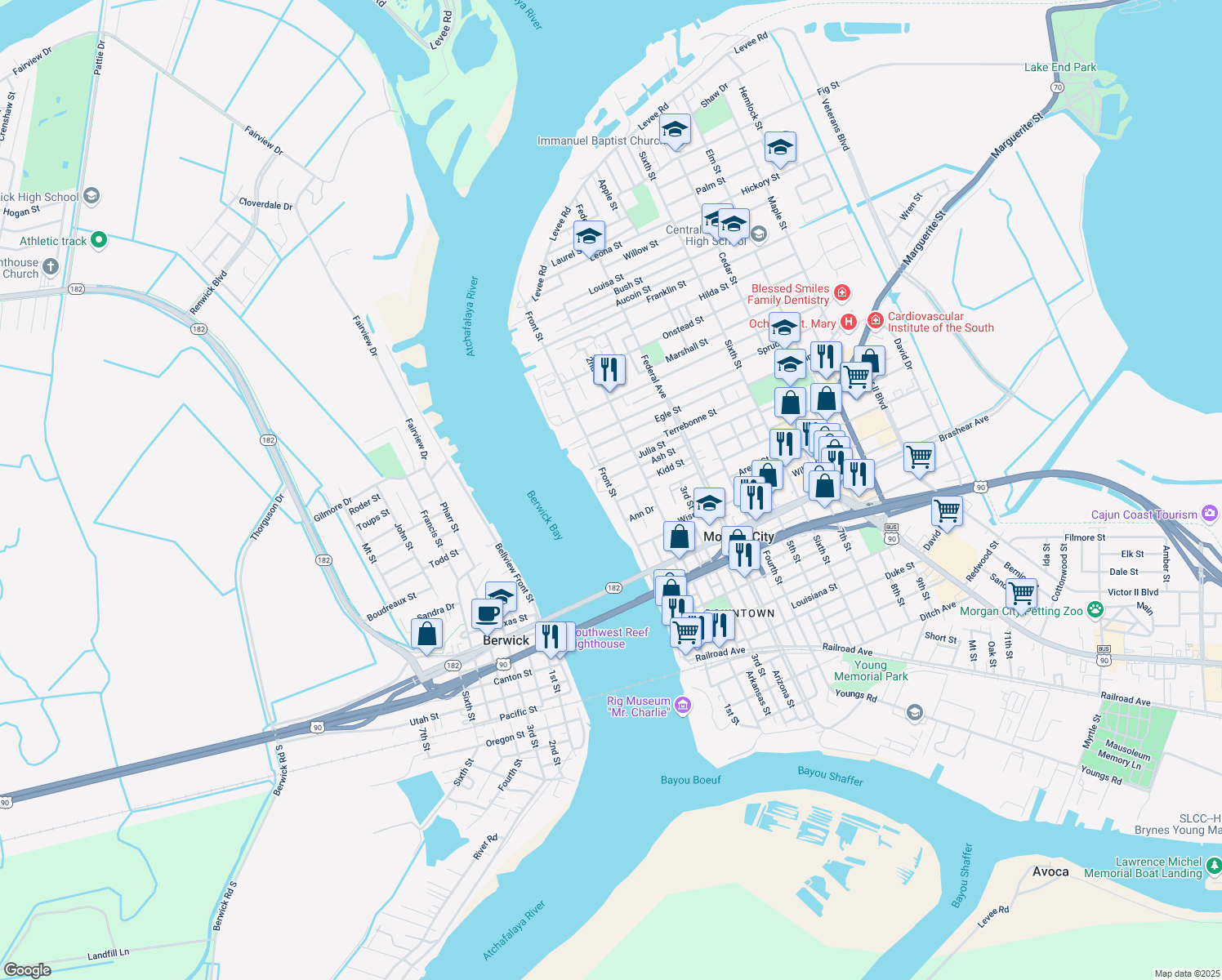 map of restaurants, bars, coffee shops, grocery stores, and more near 1119 Front Street in Morgan City