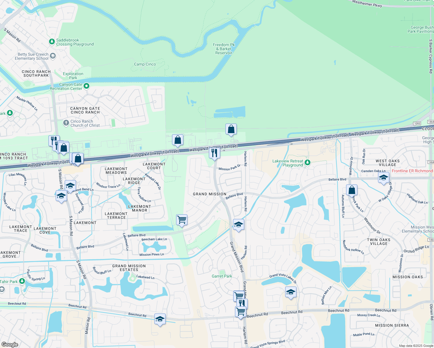 map of restaurants, bars, coffee shops, grocery stores, and more near 19211 Spring Orchard Court in Richmond