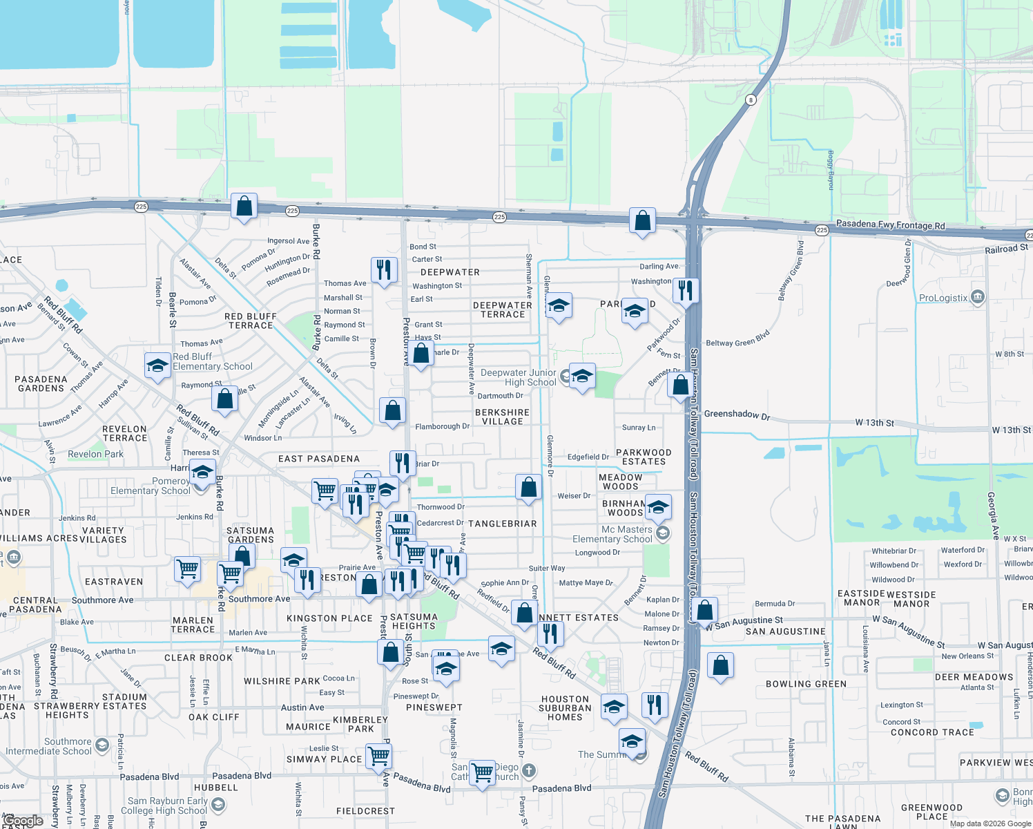 map of restaurants, bars, coffee shops, grocery stores, and more near 3310 Edmonton Drive in Pasadena