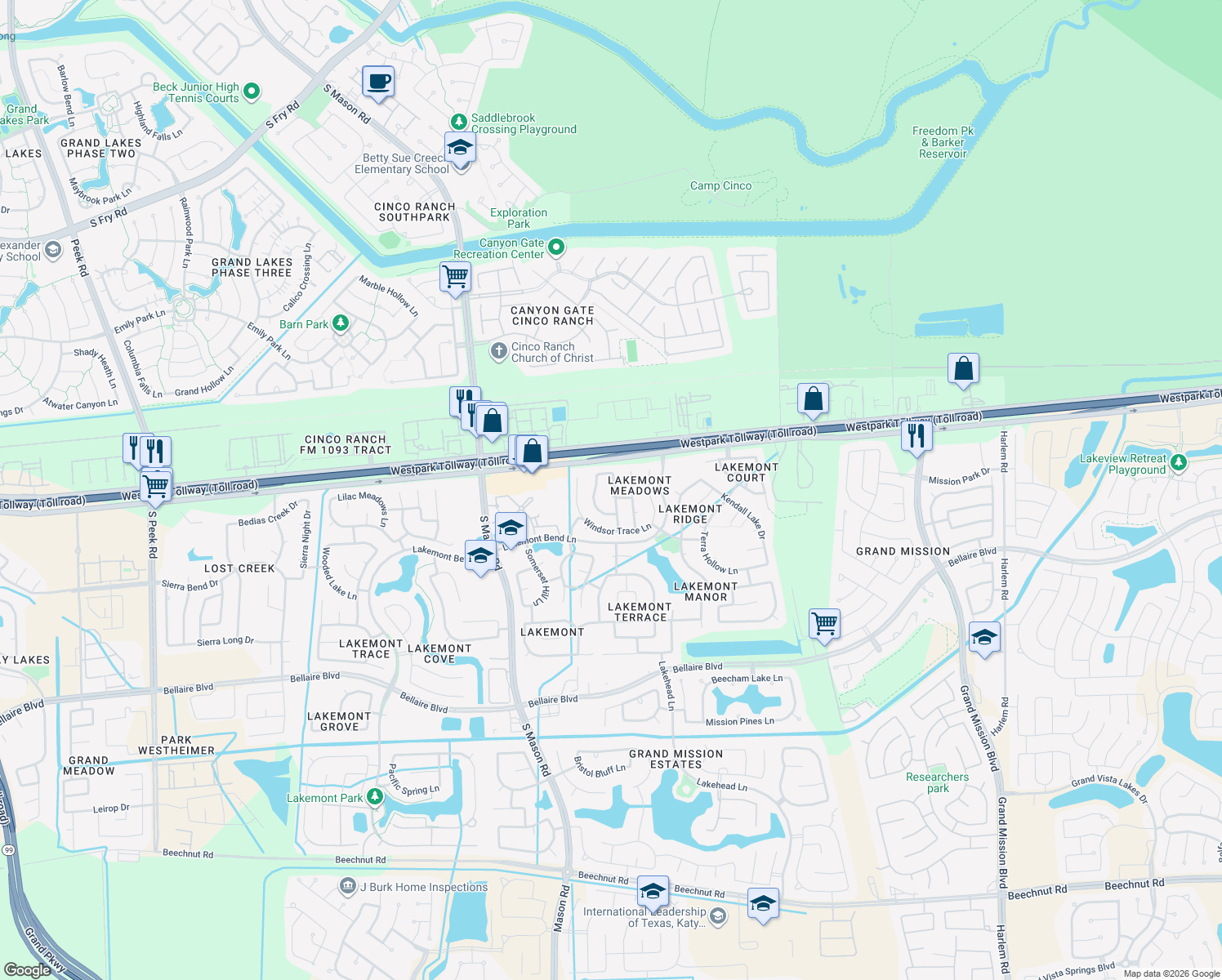 map of restaurants, bars, coffee shops, grocery stores, and more near 20202 Lochpoint Ct in Richmond