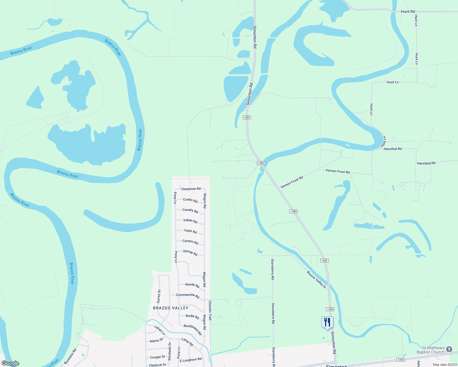 map of restaurants, bars, coffee shops, grocery stores, and more near 7718 Brazos Valley Drive in Wallis