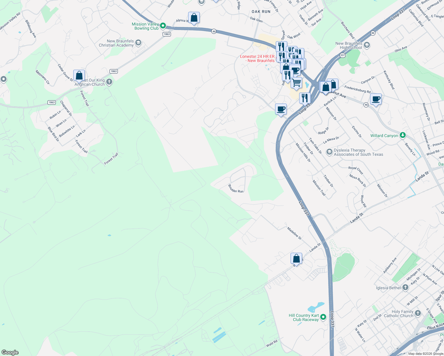 map of restaurants, bars, coffee shops, grocery stores, and more near 1059 Cedar Glen Drive in New Braunfels