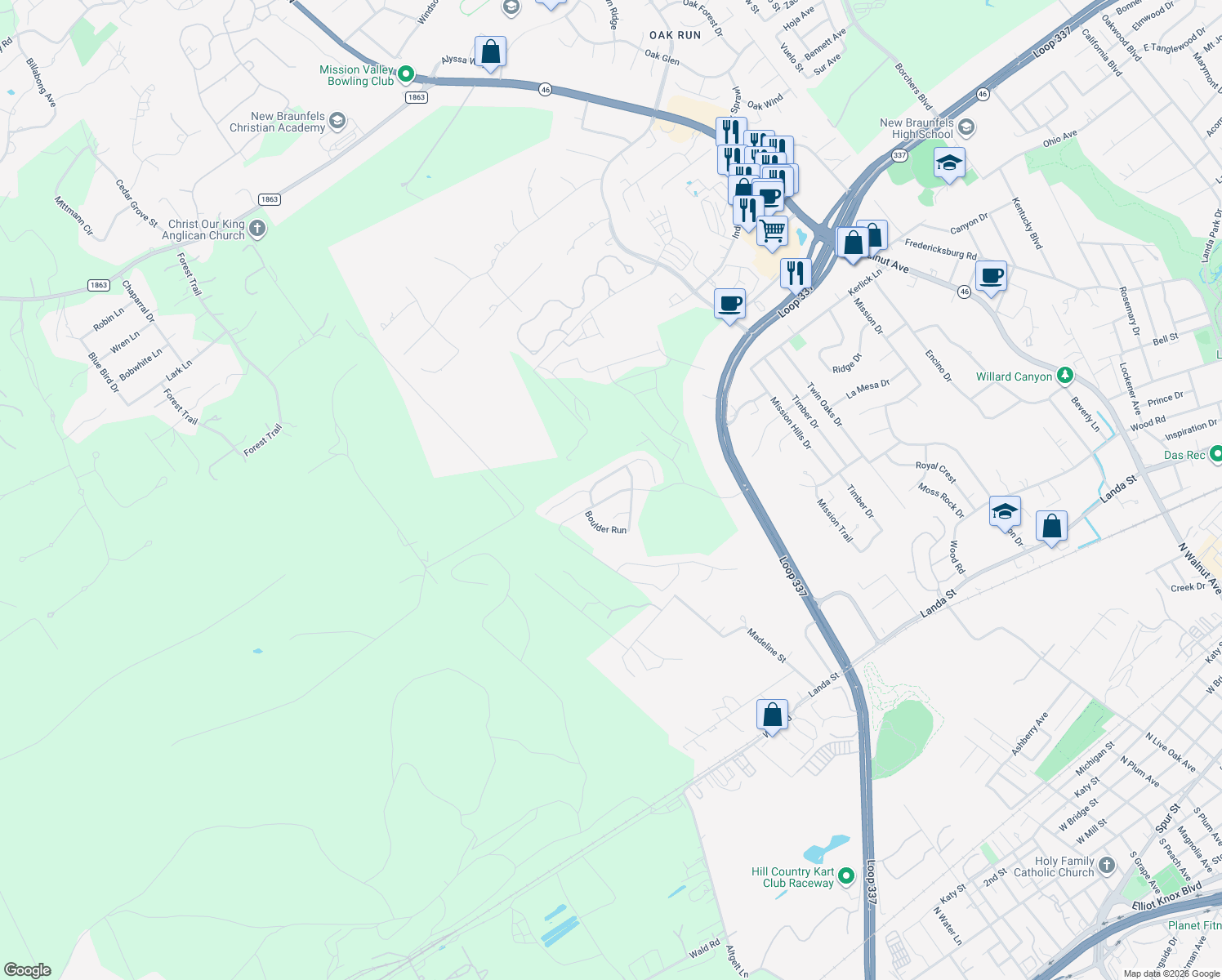 map of restaurants, bars, coffee shops, grocery stores, and more near 1227 Hidden Cave Drive in New Braunfels