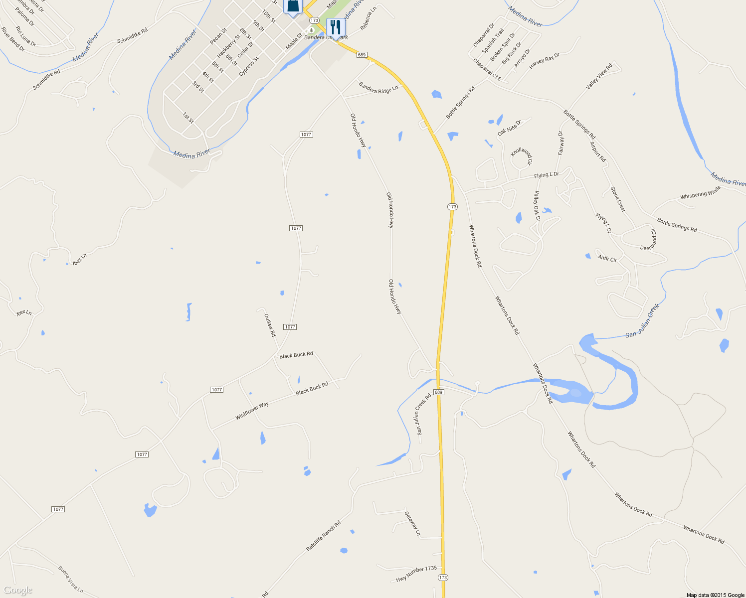 map of restaurants, bars, coffee shops, grocery stores, and more near 1312 Old Hondo Hwy in Bandera