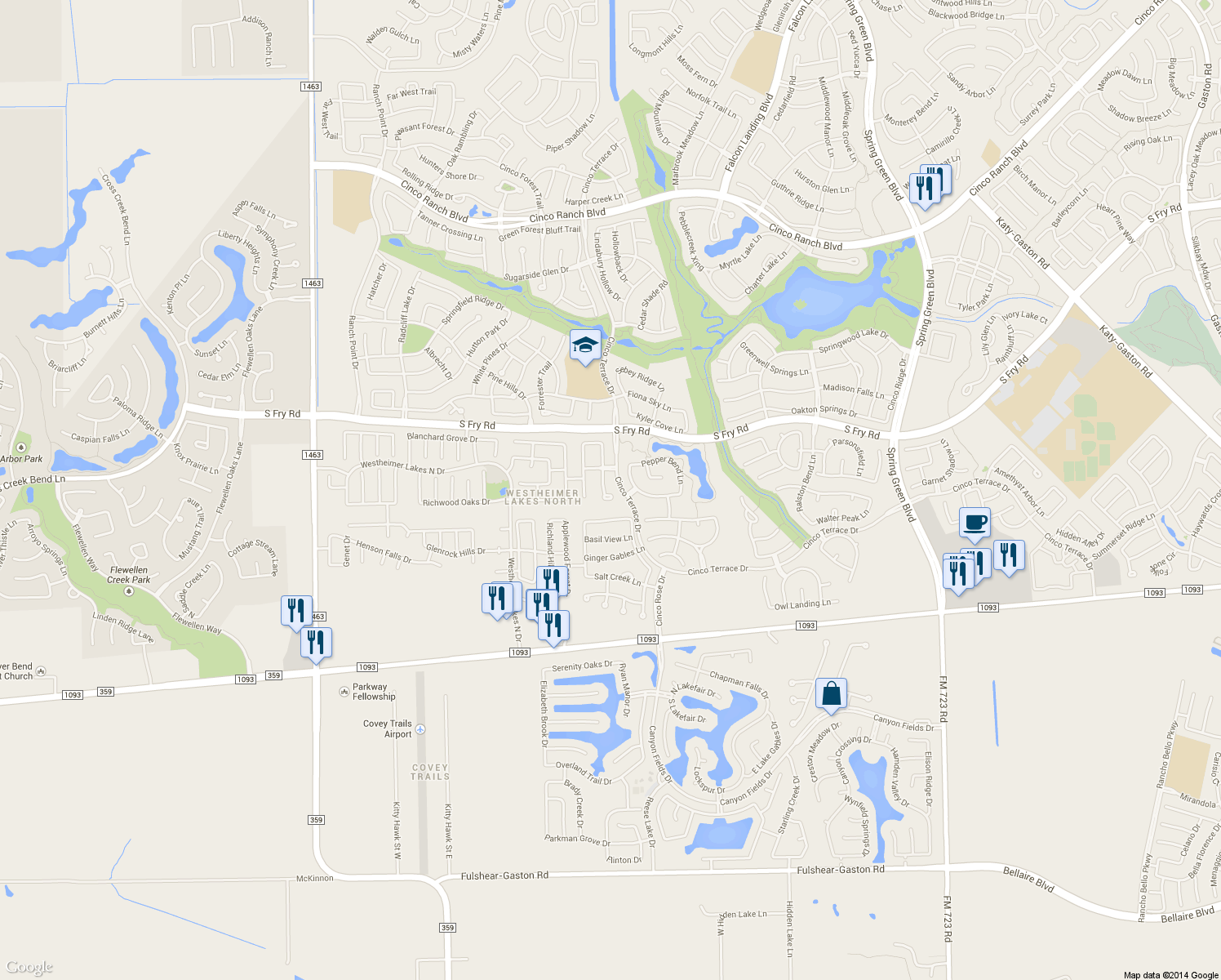 map of restaurants, bars, coffee shops, grocery stores, and more near 6119 Gatewood Manor Dr in Katy