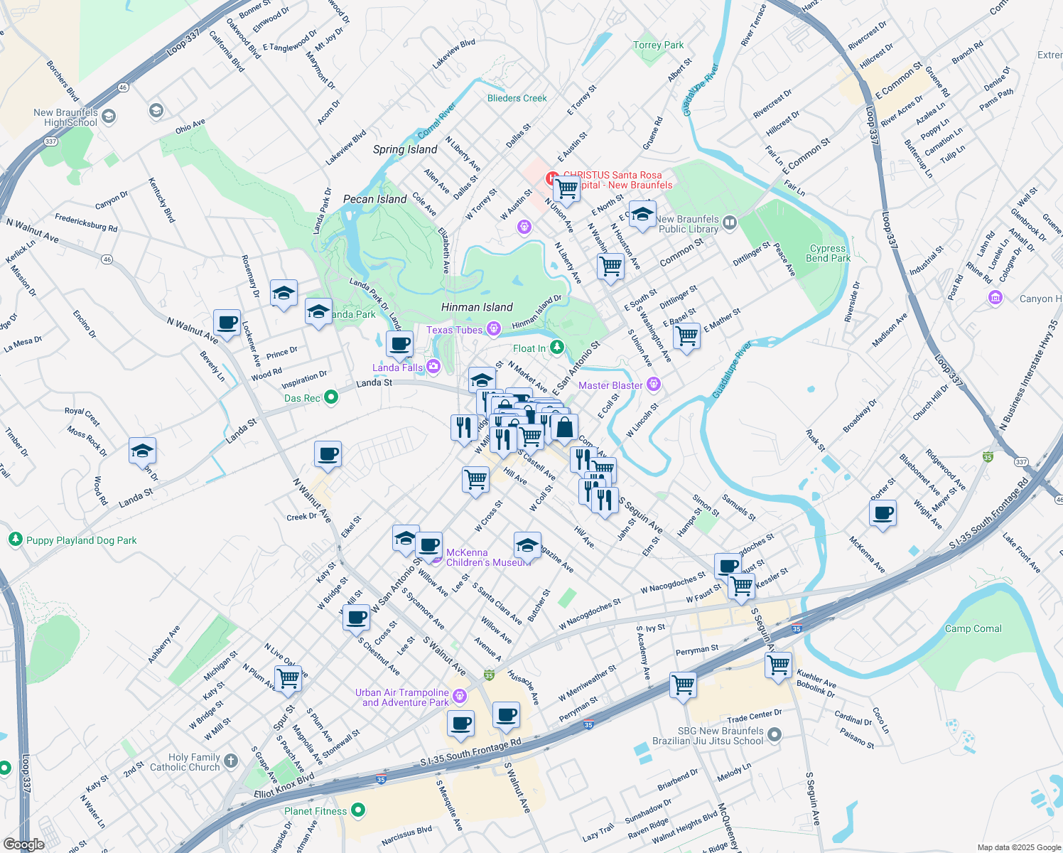 map of restaurants, bars, coffee shops, grocery stores, and more near in New Braunfels