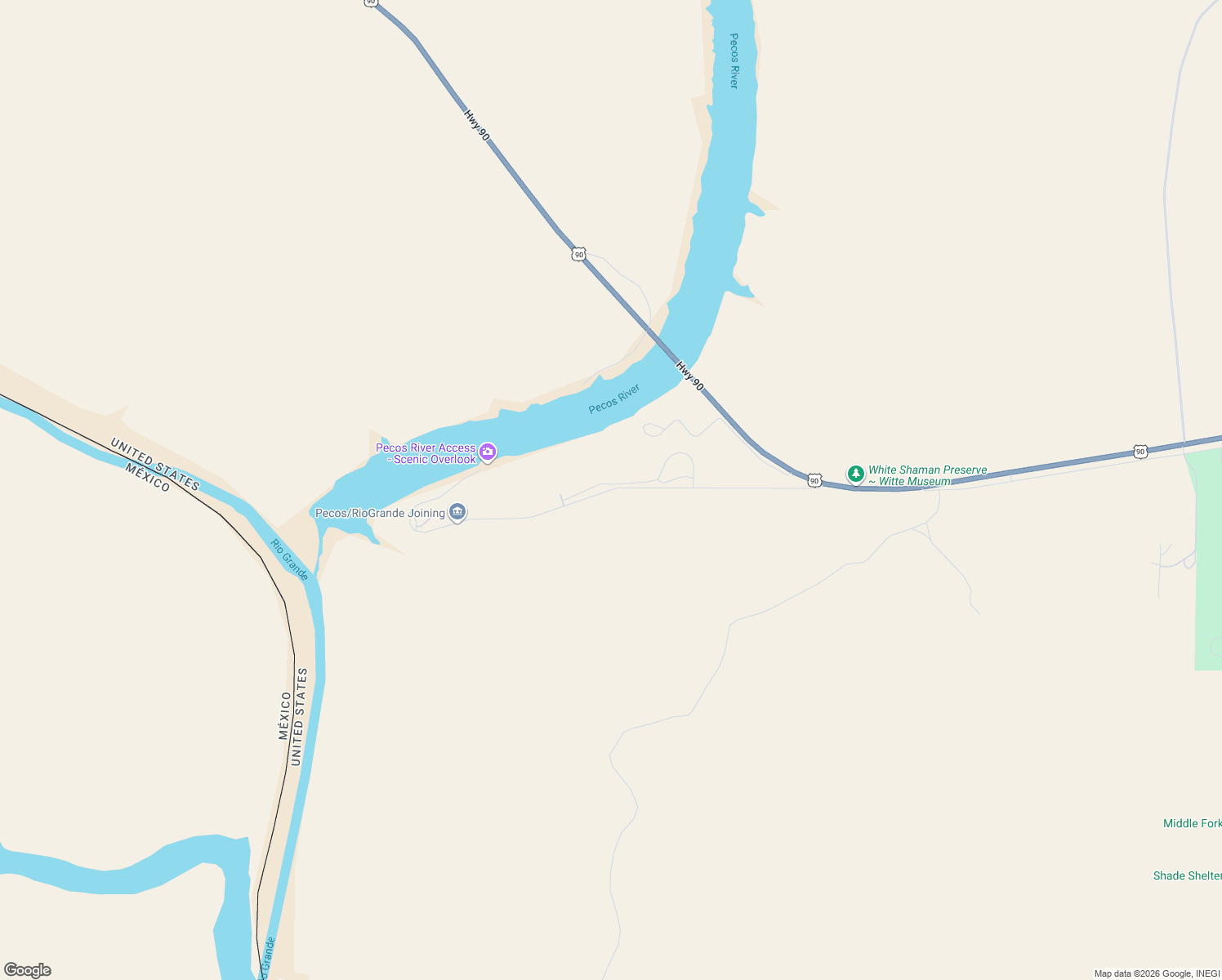 map of restaurants, bars, coffee shops, grocery stores, and more near Park Service Road 3 in Val Verde County