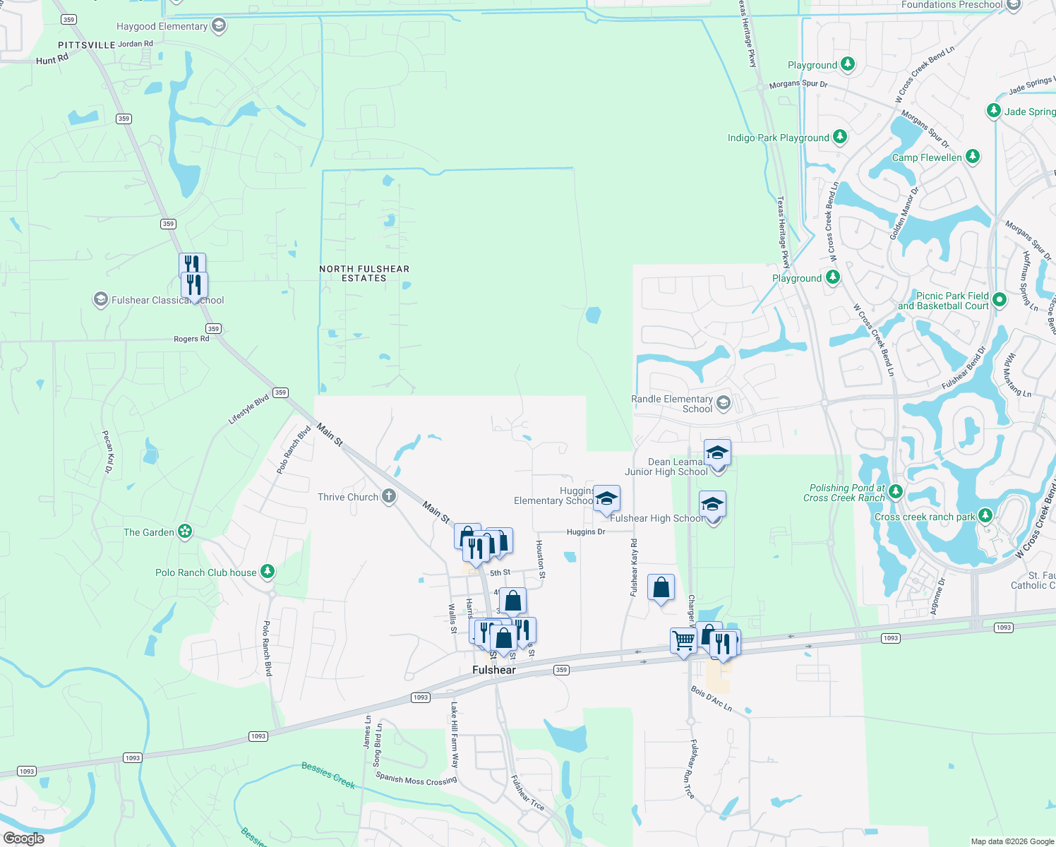 map of restaurants, bars, coffee shops, grocery stores, and more near 7511 Dixon Road in Fulshear