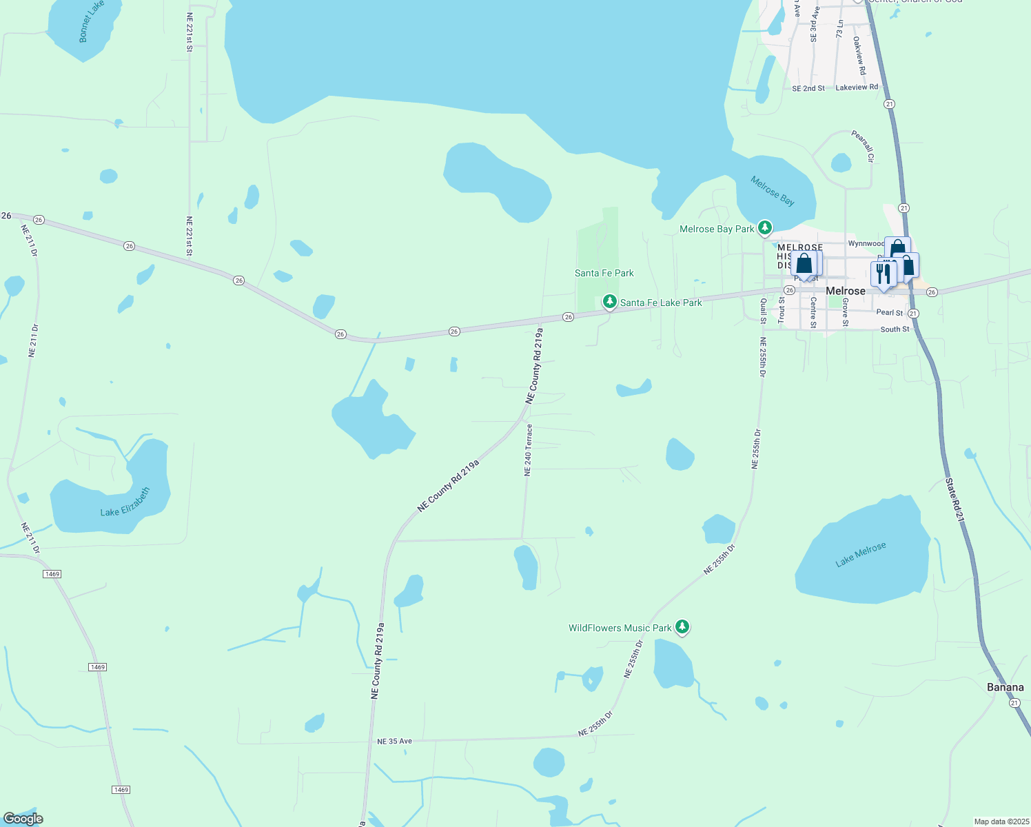 map of restaurants, bars, coffee shops, grocery stores, and more near 5210 Northeast County Road 219a in Melrose