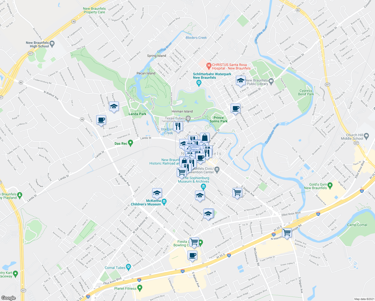 map of restaurants, bars, coffee shops, grocery stores, and more near 260 N Castell Ave in New Braunfels