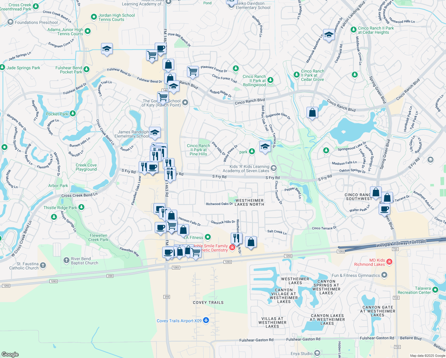 map of restaurants, bars, coffee shops, grocery stores, and more near 26534 Blanchard Grove Drive in Katy