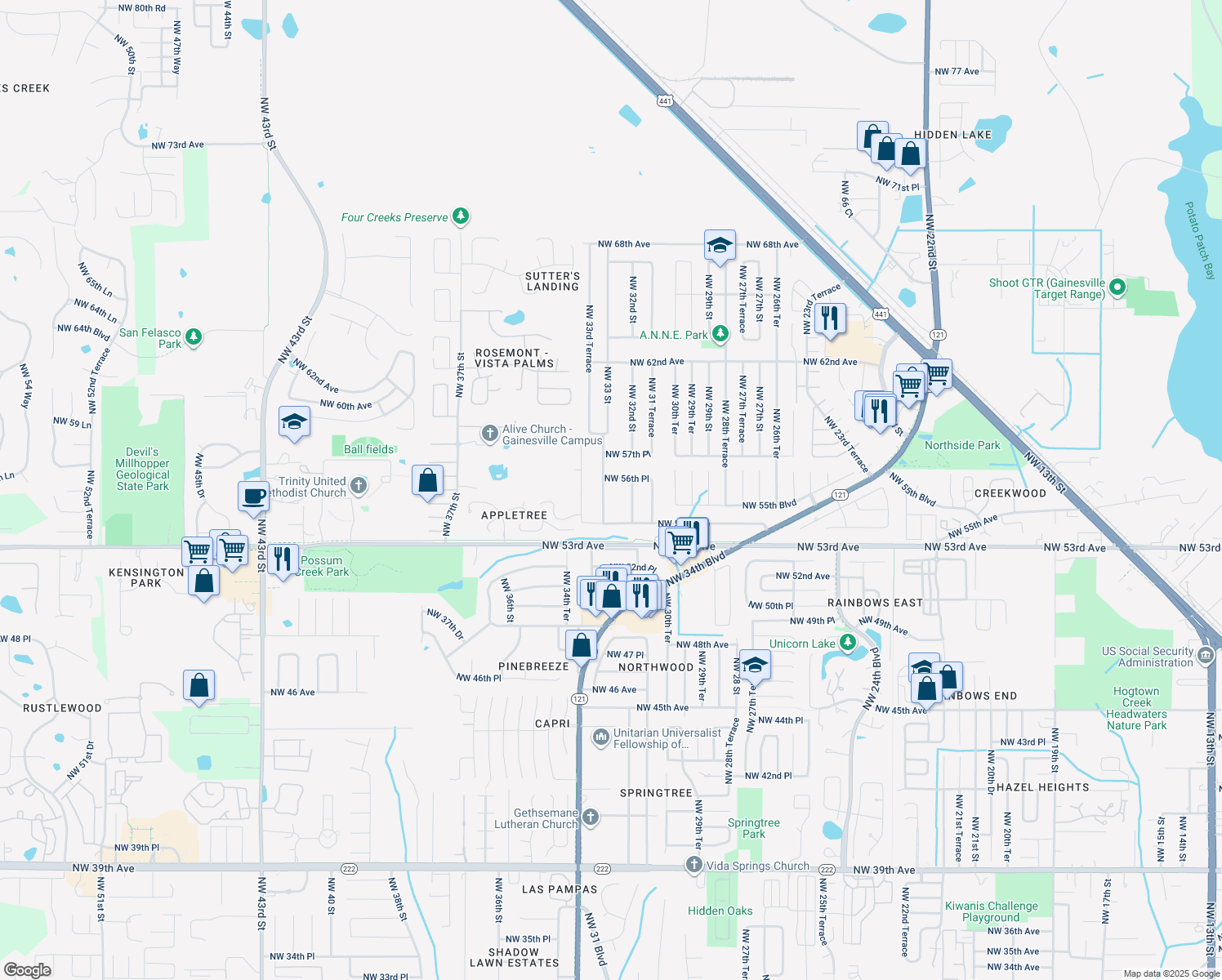 map of restaurants, bars, coffee shops, grocery stores, and more near 5531 Northwest 33 Street in Gainesville