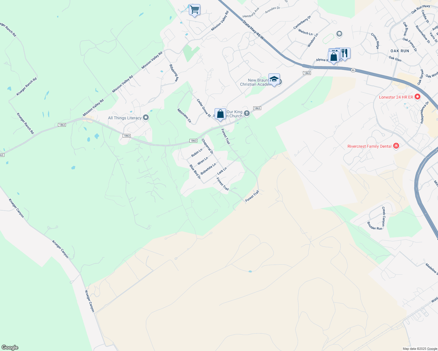 map of restaurants, bars, coffee shops, grocery stores, and more near 359 Lark Lane in New Braunfels