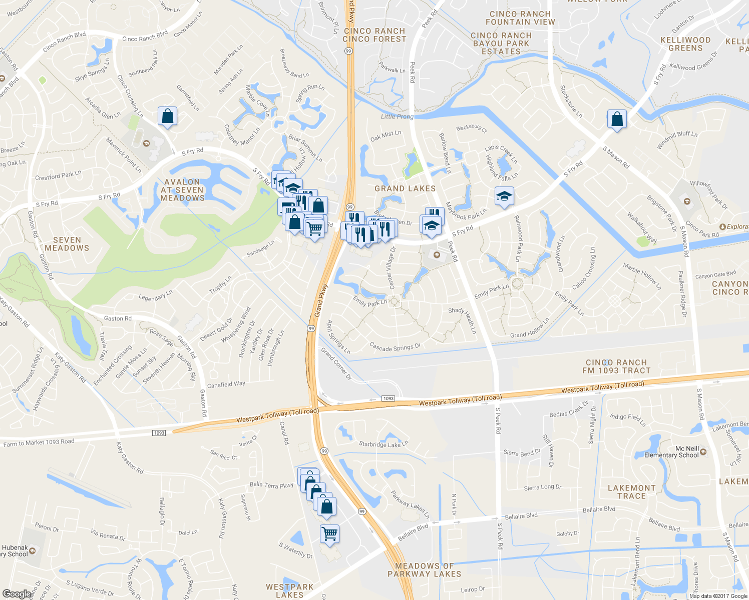 map of restaurants, bars, coffee shops, grocery stores, and more near 22622 Emily Park Lane in Katy