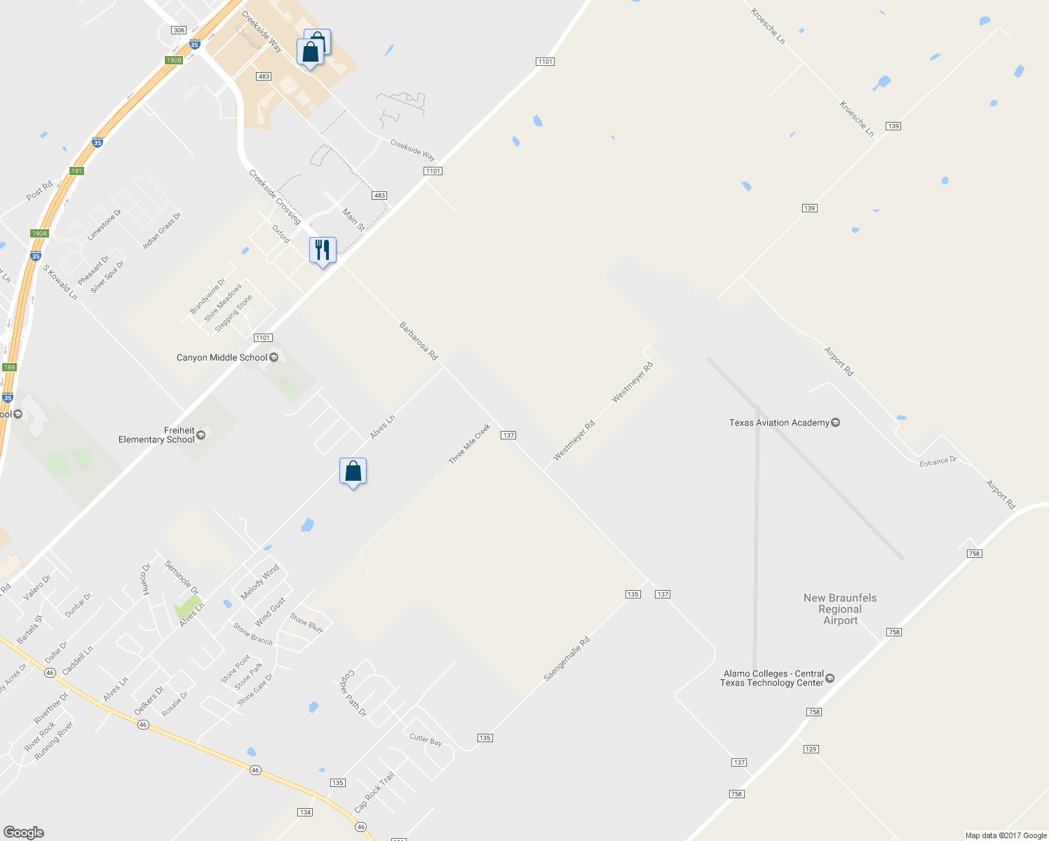 map of restaurants, bars, coffee shops, grocery stores, and more near 1213 Barbarosa Road in New Braunfels