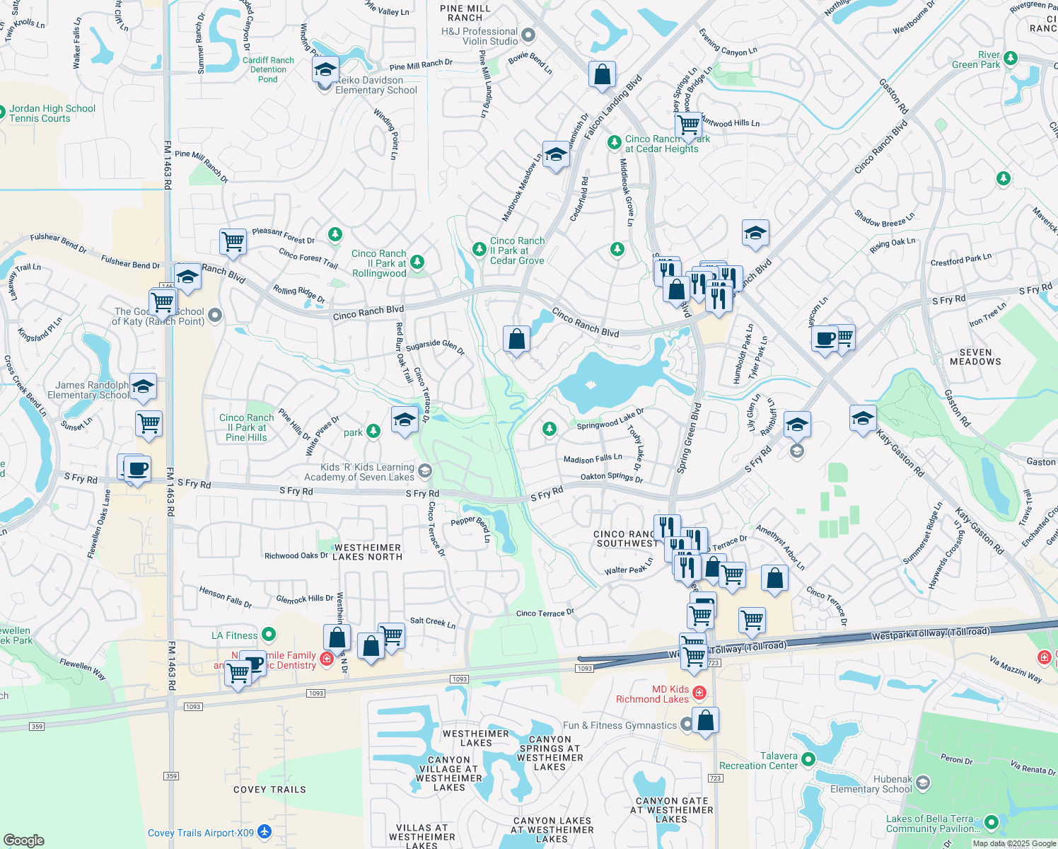 map of restaurants, bars, coffee shops, grocery stores, and more near 10119 Winding Glen Drive in Katy