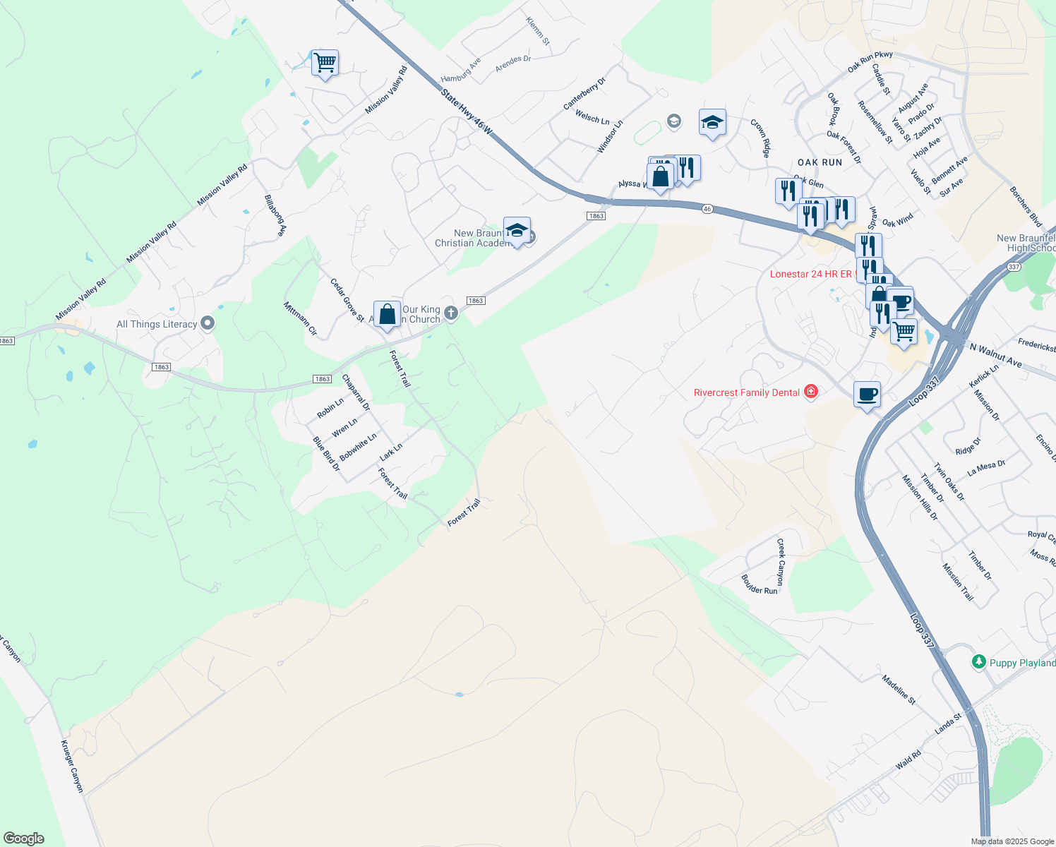 map of restaurants, bars, coffee shops, grocery stores, and more near 300 Timber Wild in New Braunfels
