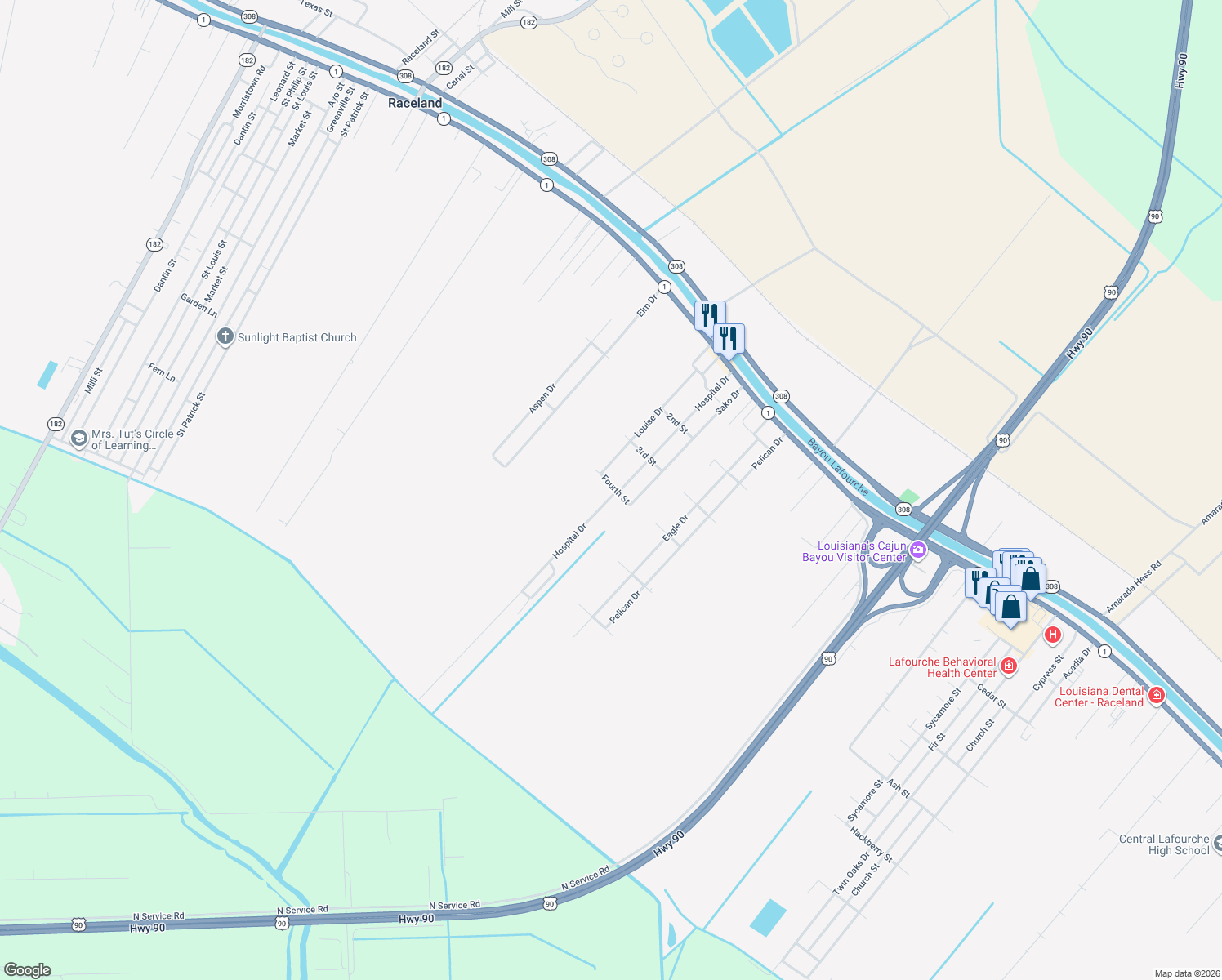 map of restaurants, bars, coffee shops, grocery stores, and more near 500 Hospital Dr in Raceland