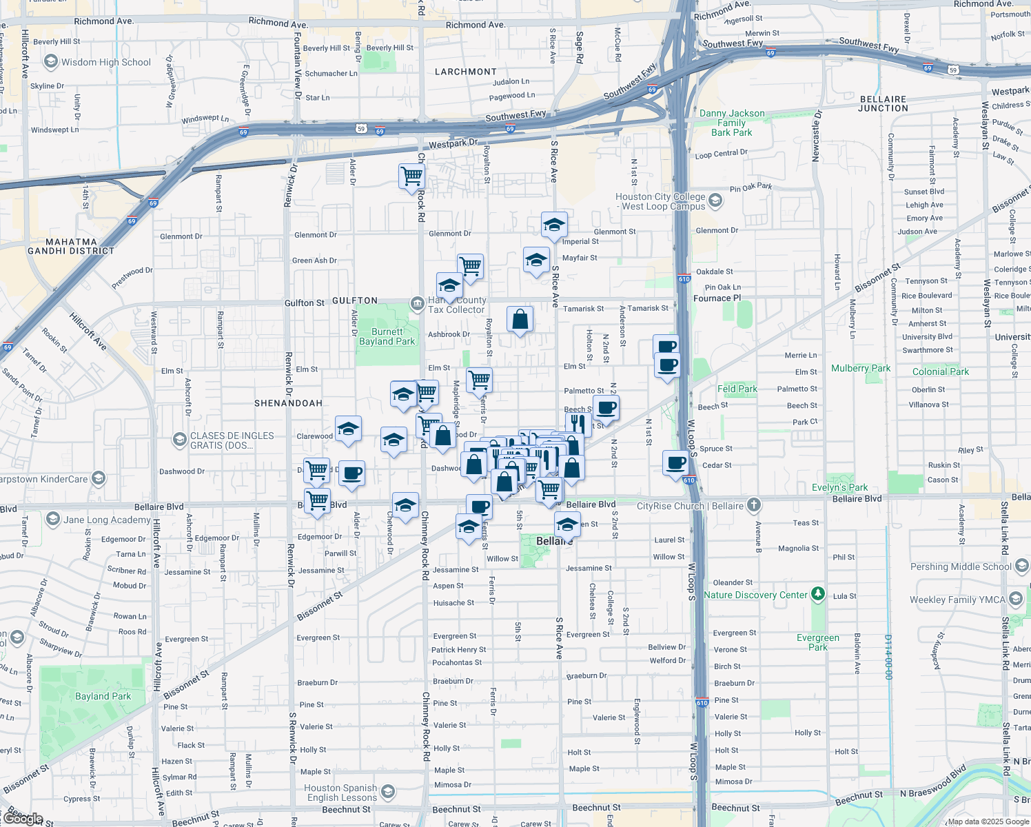 map of restaurants, bars, coffee shops, grocery stores, and more near 5201 Beech St in Bellaire