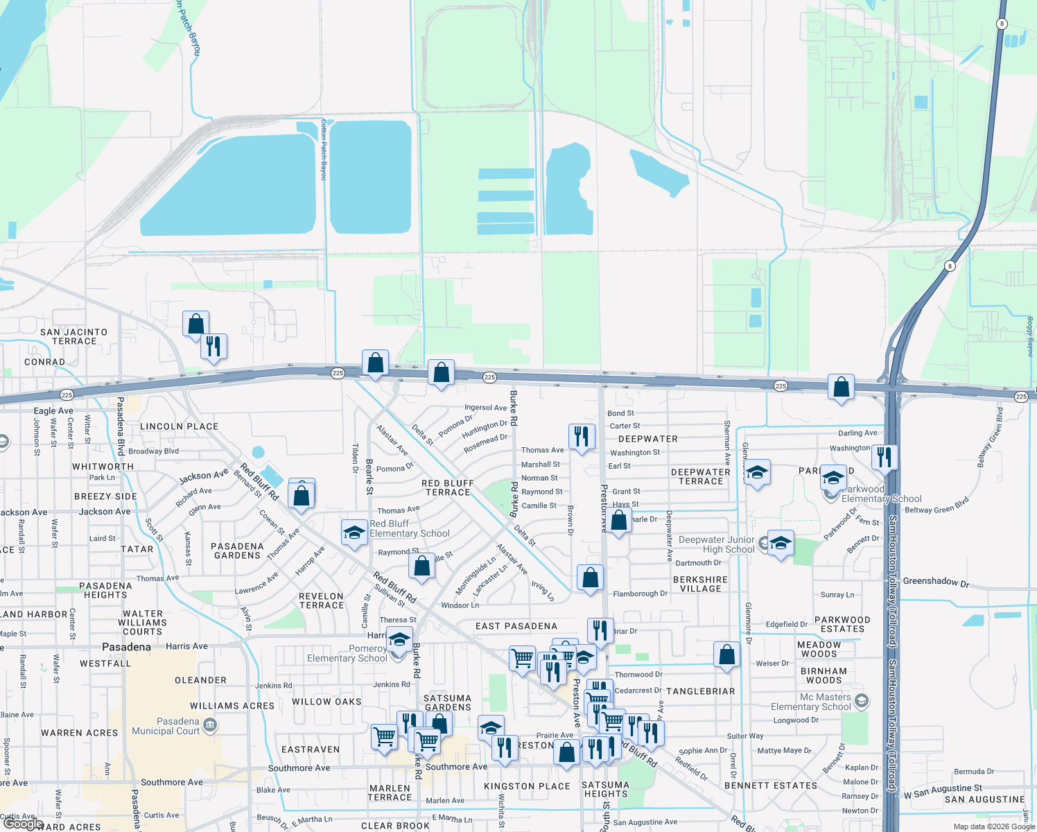 map of restaurants, bars, coffee shops, grocery stores, and more near 121 Burke Road in Pasadena