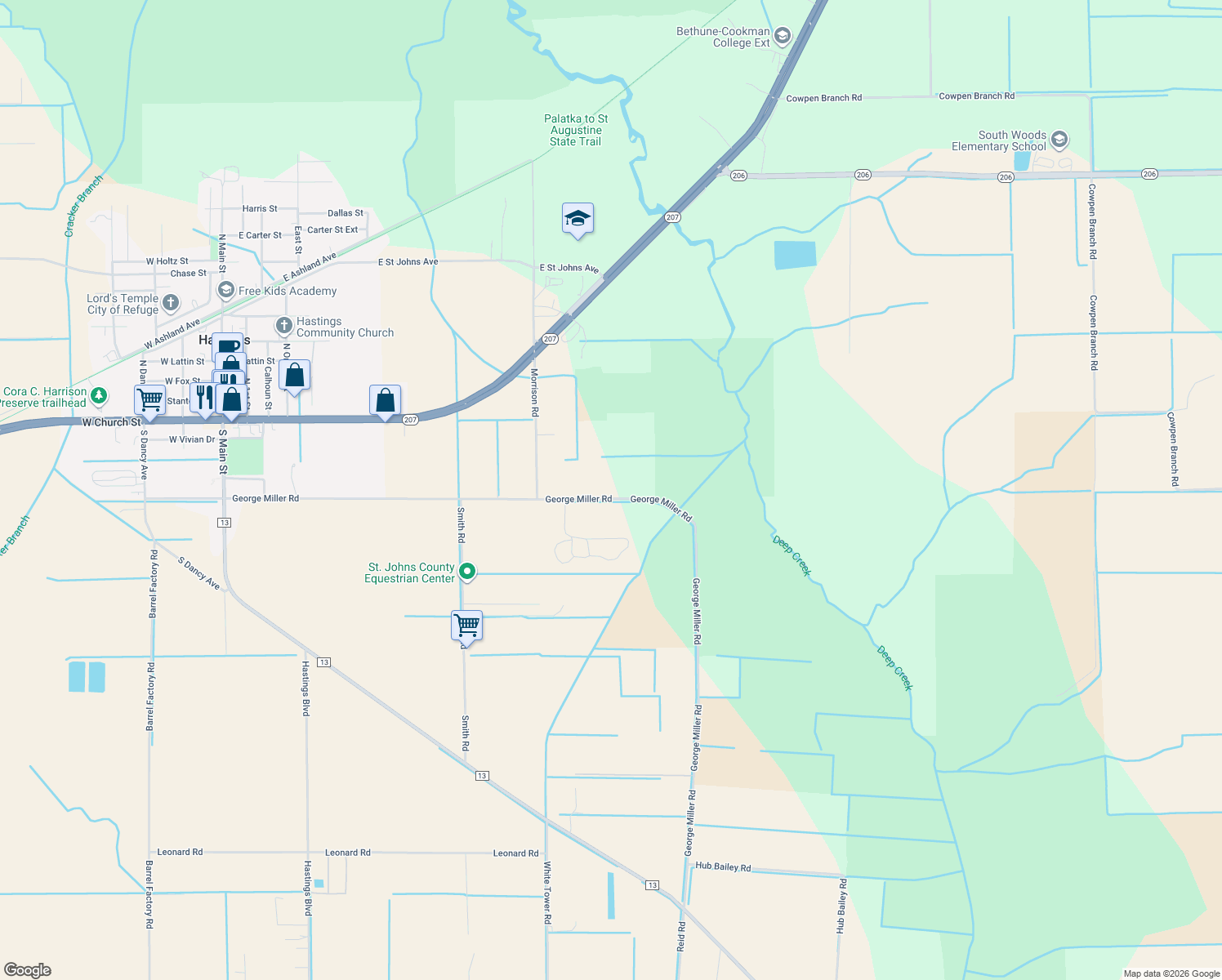 map of restaurants, bars, coffee shops, grocery stores, and more near 725 George Miller Road in Hastings