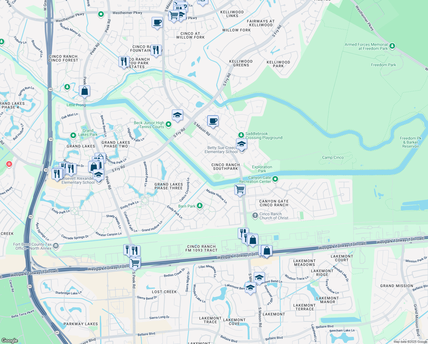 map of restaurants, bars, coffee shops, grocery stores, and more near 5811 Overton Park Drive in Katy