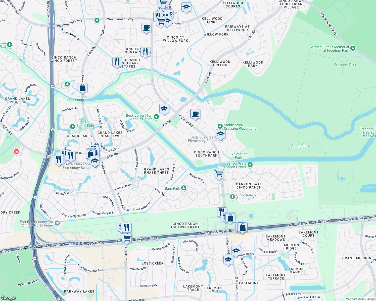 map of restaurants, bars, coffee shops, grocery stores, and more near 5615 Overton Park Drive in Katy