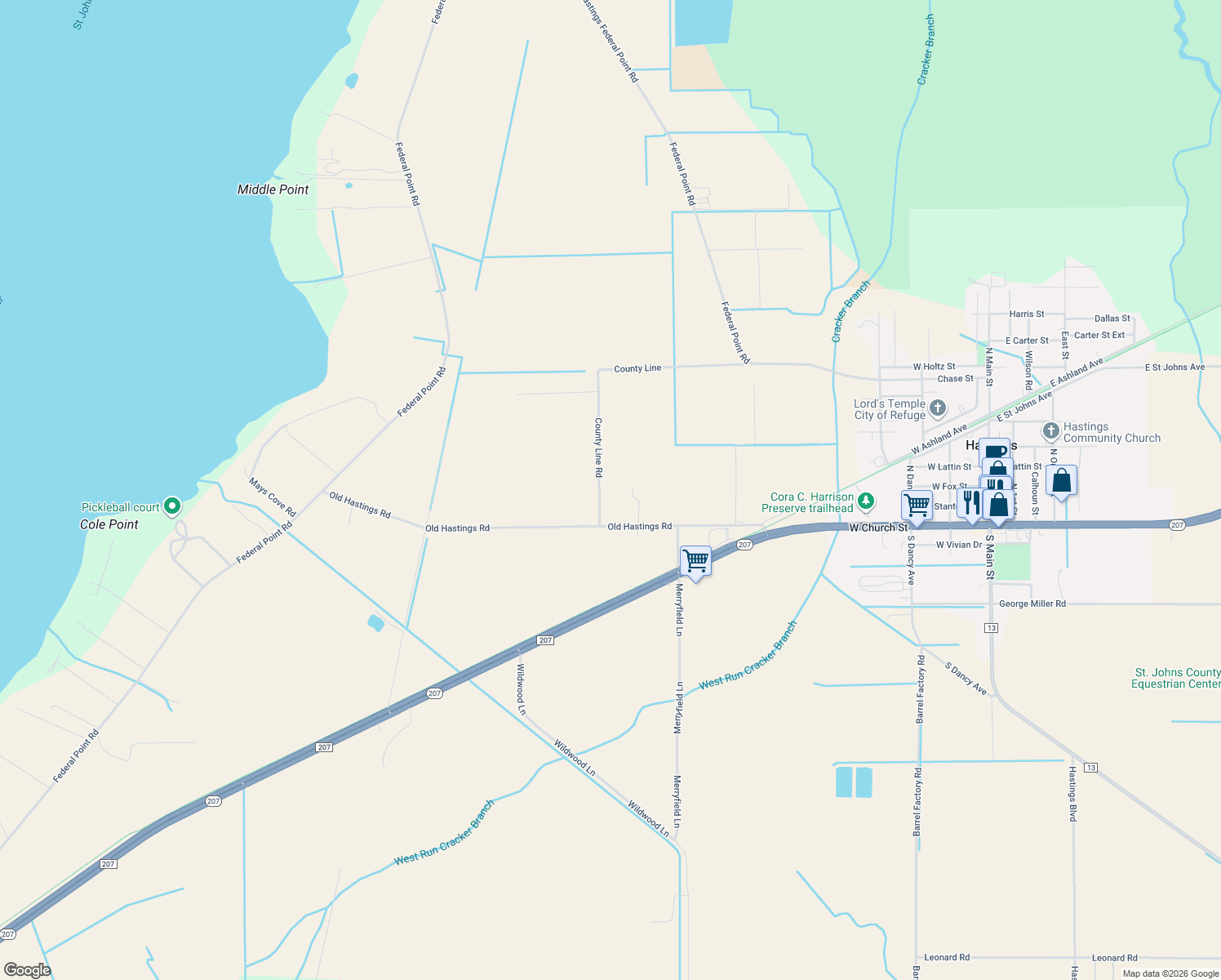 map of restaurants, bars, coffee shops, grocery stores, and more near 771 County Line Road in East Palatka