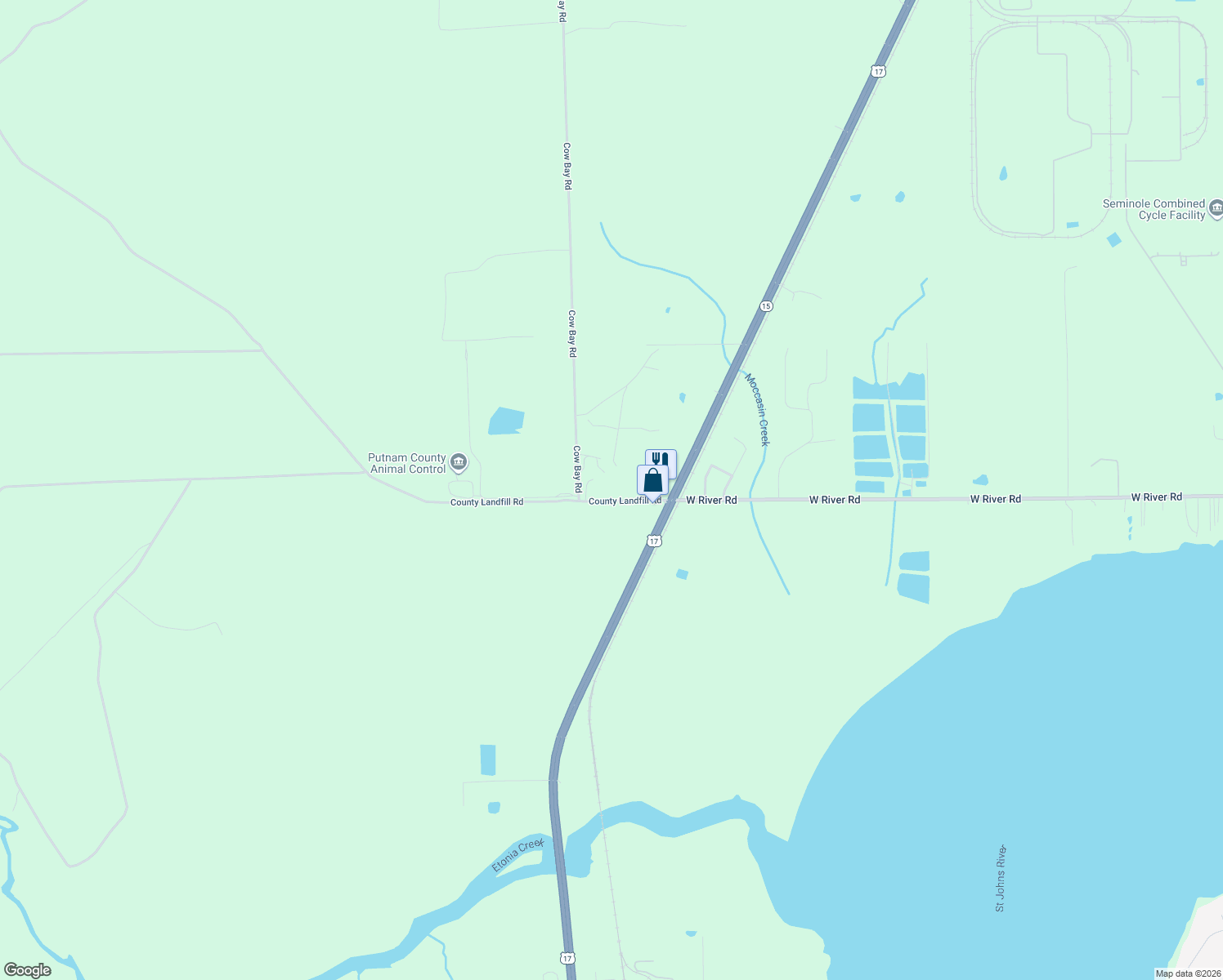 map of restaurants, bars, coffee shops, grocery stores, and more near 116 County Landfill Road in Palatka