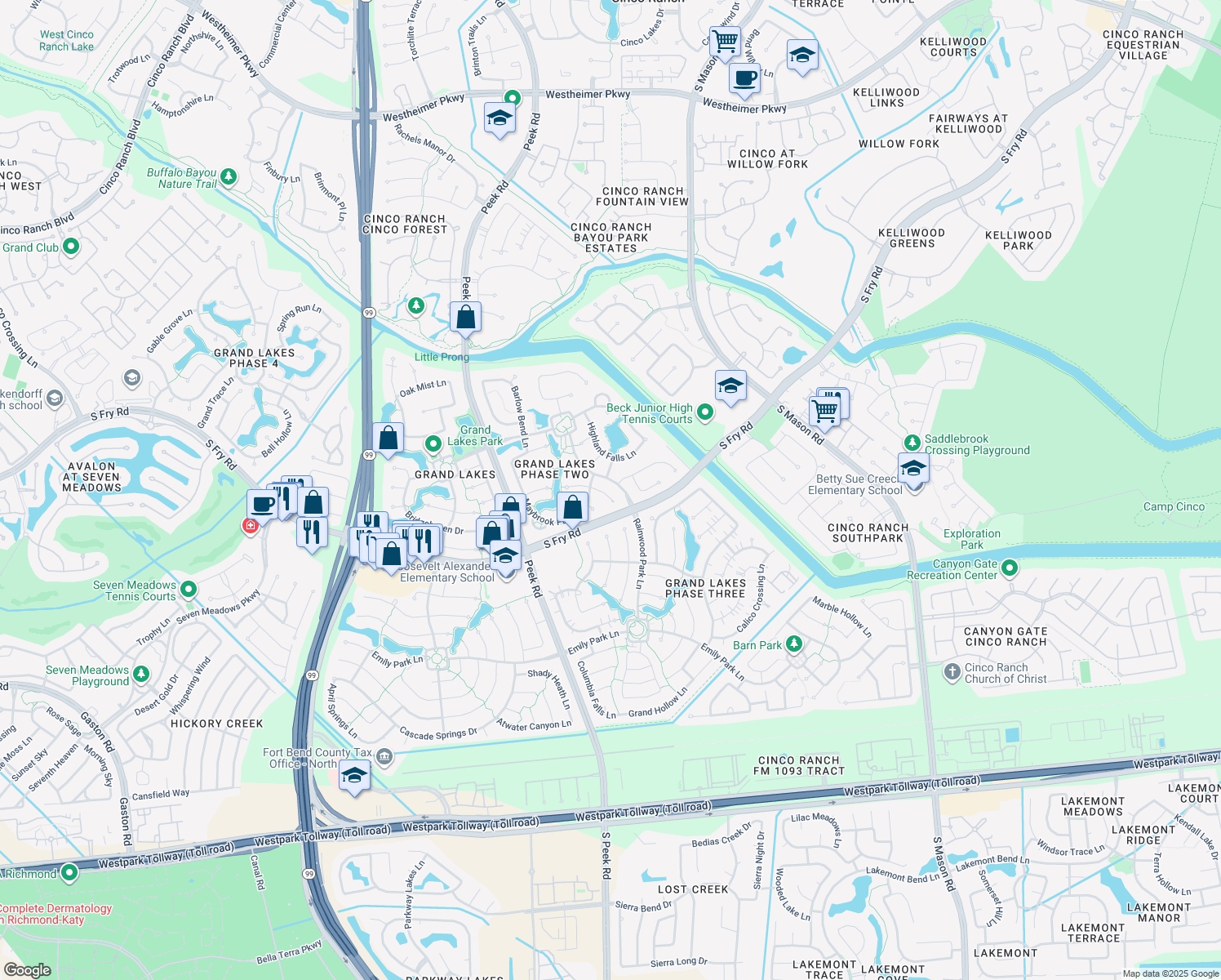 map of restaurants, bars, coffee shops, grocery stores, and more near 22014 Rustic Shores Lane in Katy