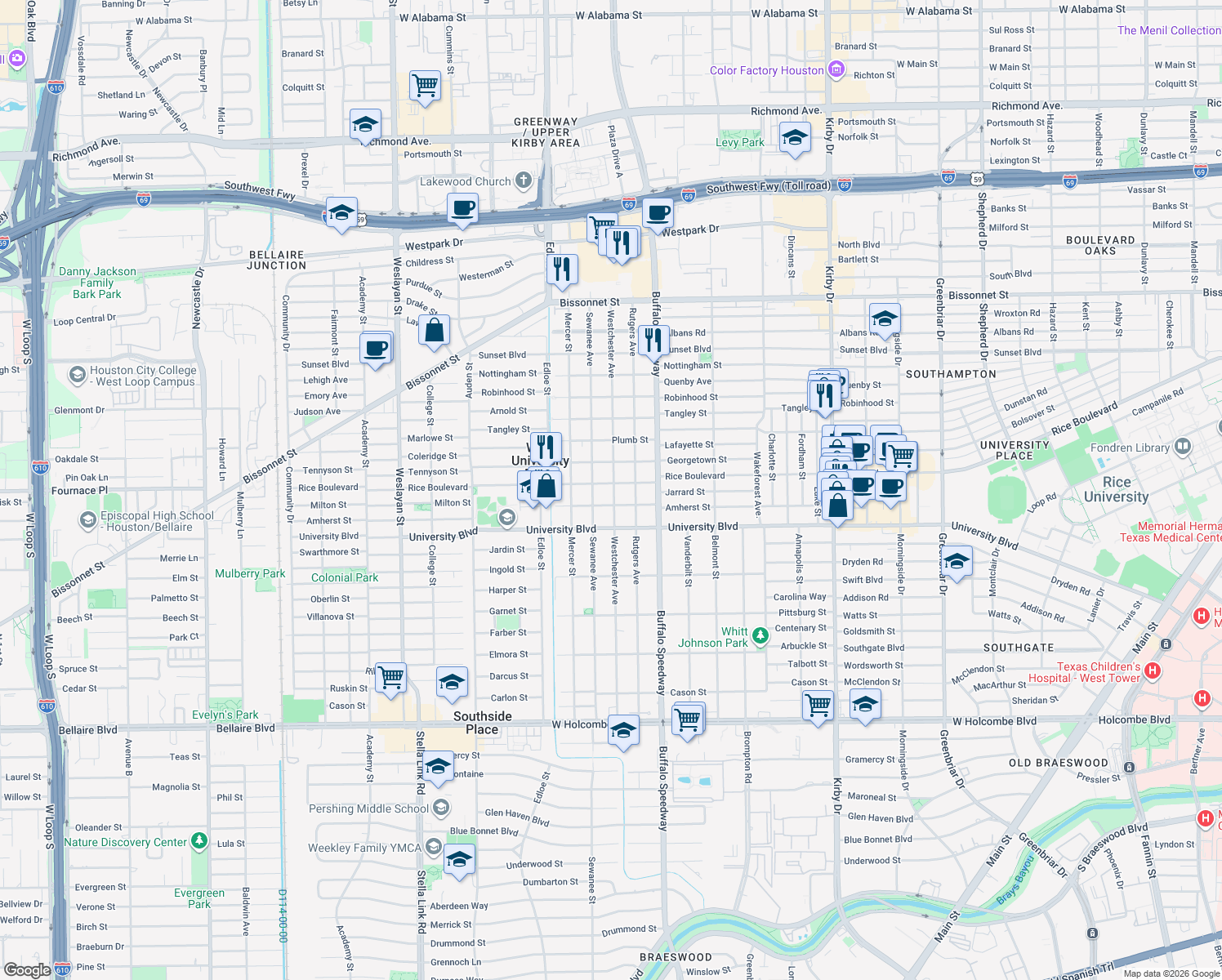 map of restaurants, bars, coffee shops, grocery stores, and more near 3401 Rice Boulevard in Houston