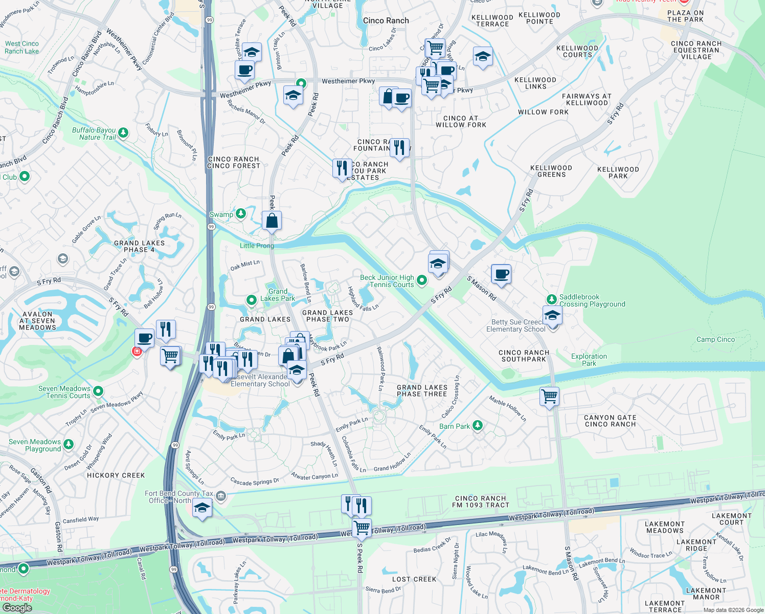 map of restaurants, bars, coffee shops, grocery stores, and more near 5418 Highland Falls Ln in Katy