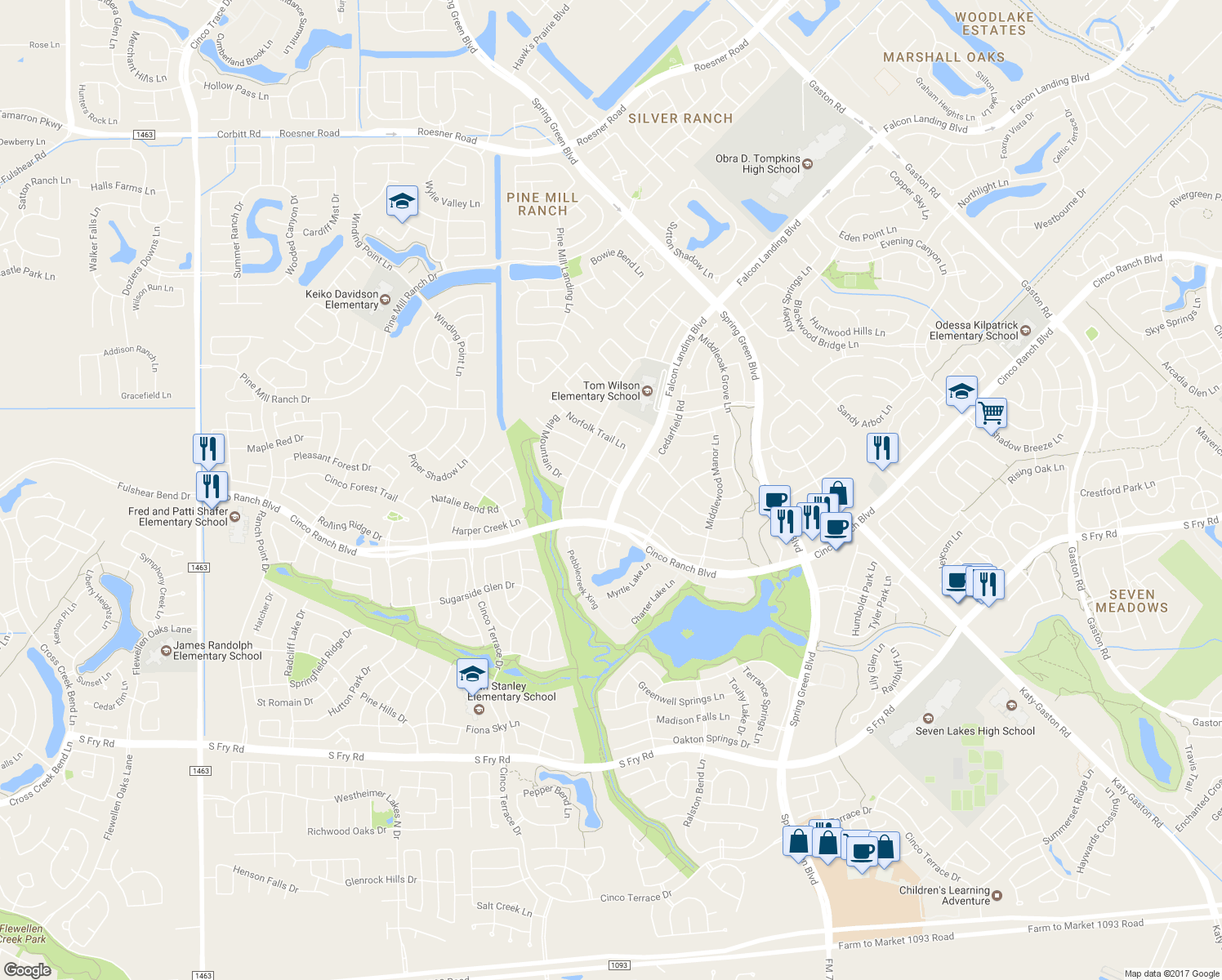 map of restaurants, bars, coffee shops, grocery stores, and more near 4803 Mesquite Meadow Lane in Katy