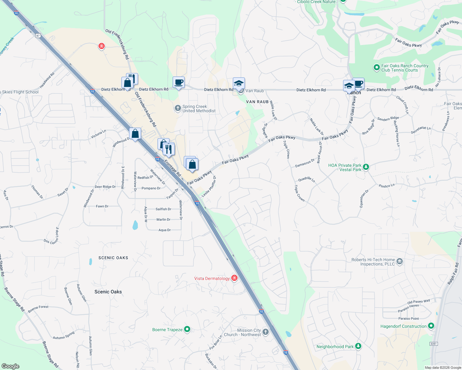 map of restaurants, bars, coffee shops, grocery stores, and more near 8920 Monument Oak in Boerne