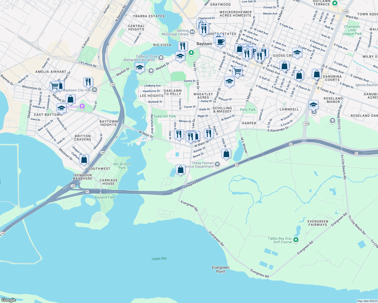 map of restaurants, bars, coffee shops, grocery stores, and more near 806 Bolster St in Baytown