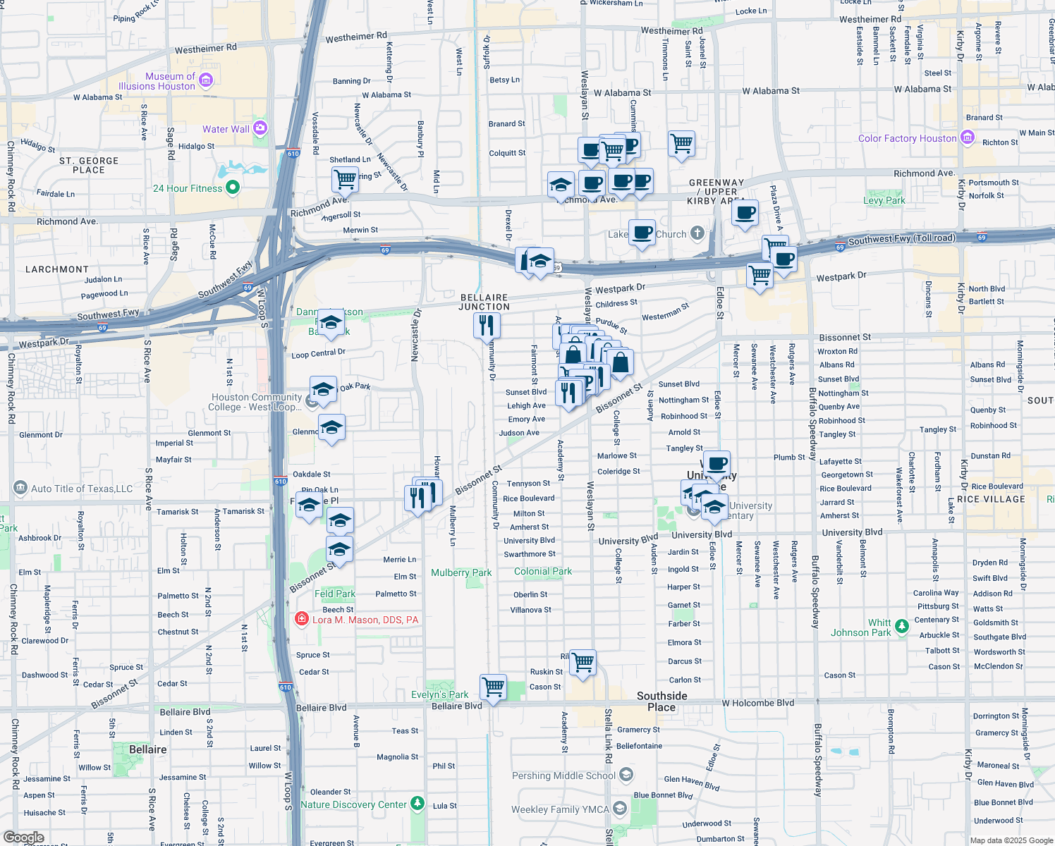 map of restaurants, bars, coffee shops, grocery stores, and more near 4209 Emory Avenue in Houston