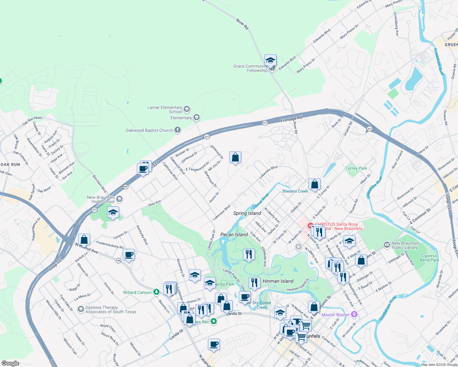 map of restaurants, bars, coffee shops, grocery stores, and more near 518 Acorn Drive in New Braunfels