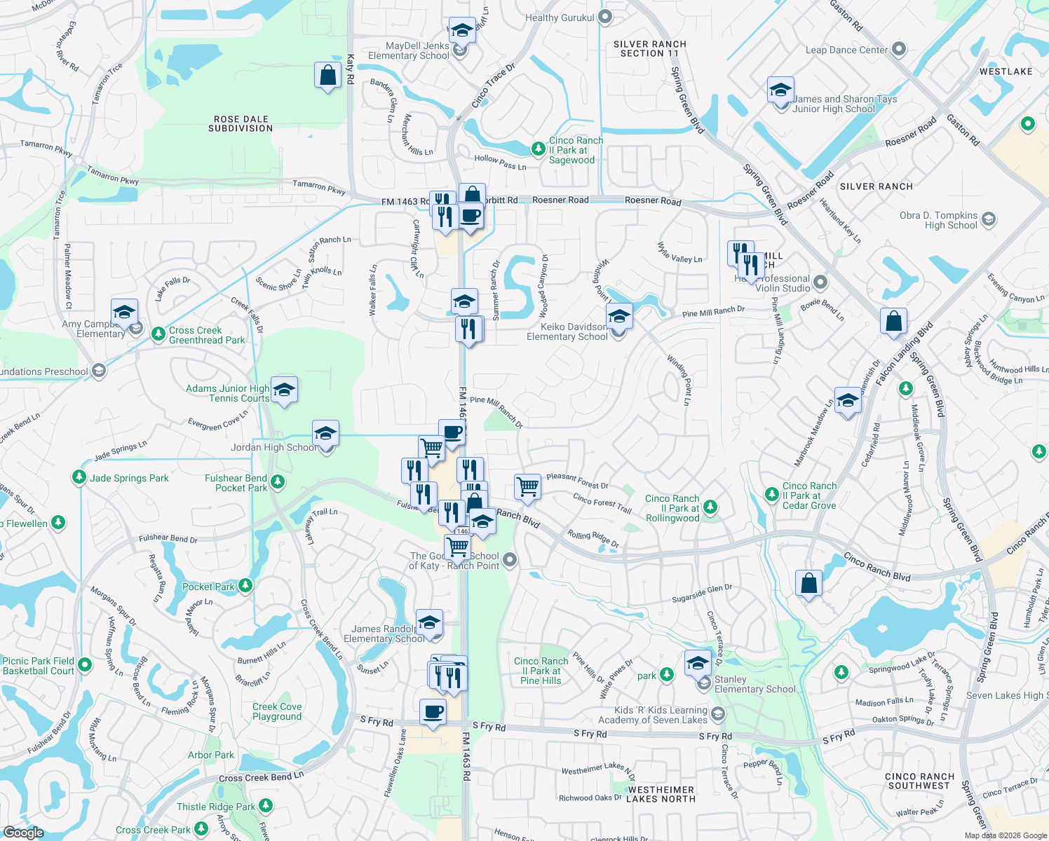 map of restaurants, bars, coffee shops, grocery stores, and more near 27203 Naples Run Lane in Katy