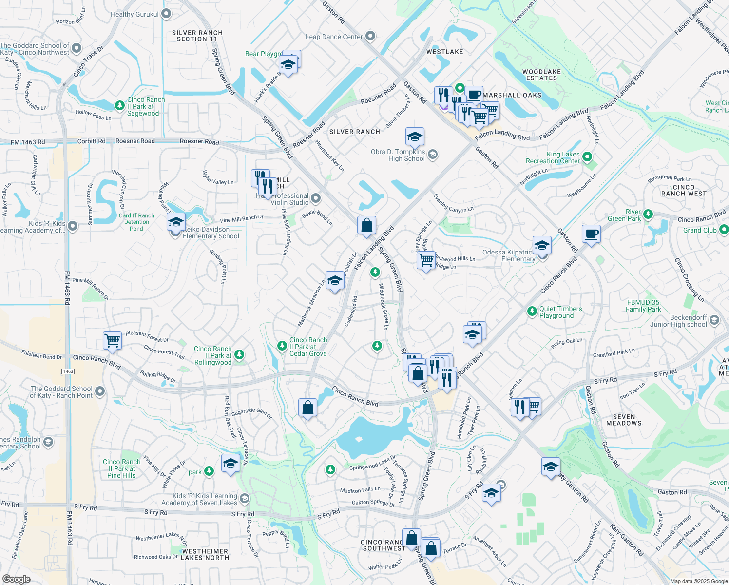 map of restaurants, bars, coffee shops, grocery stores, and more near 27510 Rosewood Valley Dr in Katy