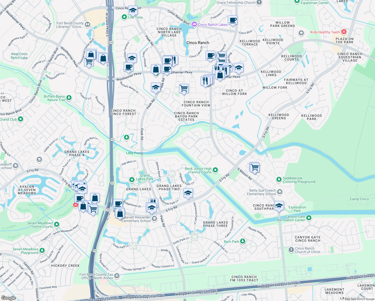 map of restaurants, bars, coffee shops, grocery stores, and more near 4434 Ryan's Branch Lane in Katy