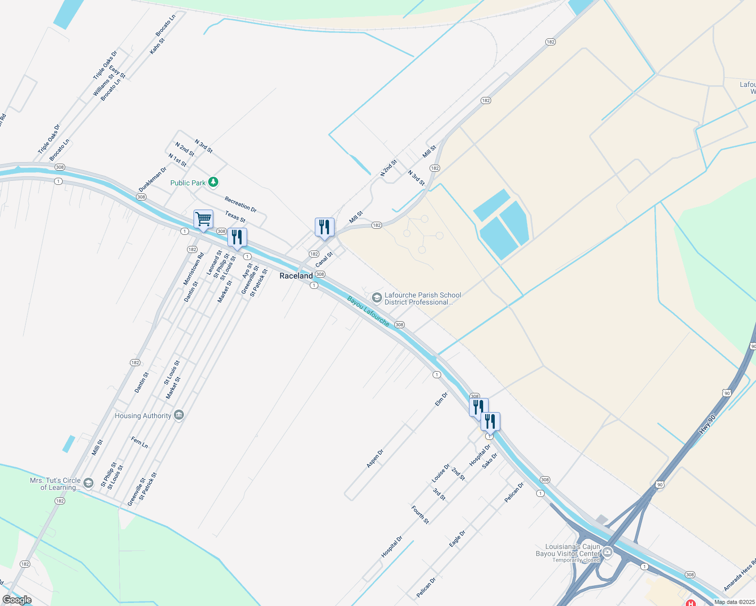 map of restaurants, bars, coffee shops, grocery stores, and more near Highway 308 South in Raceland