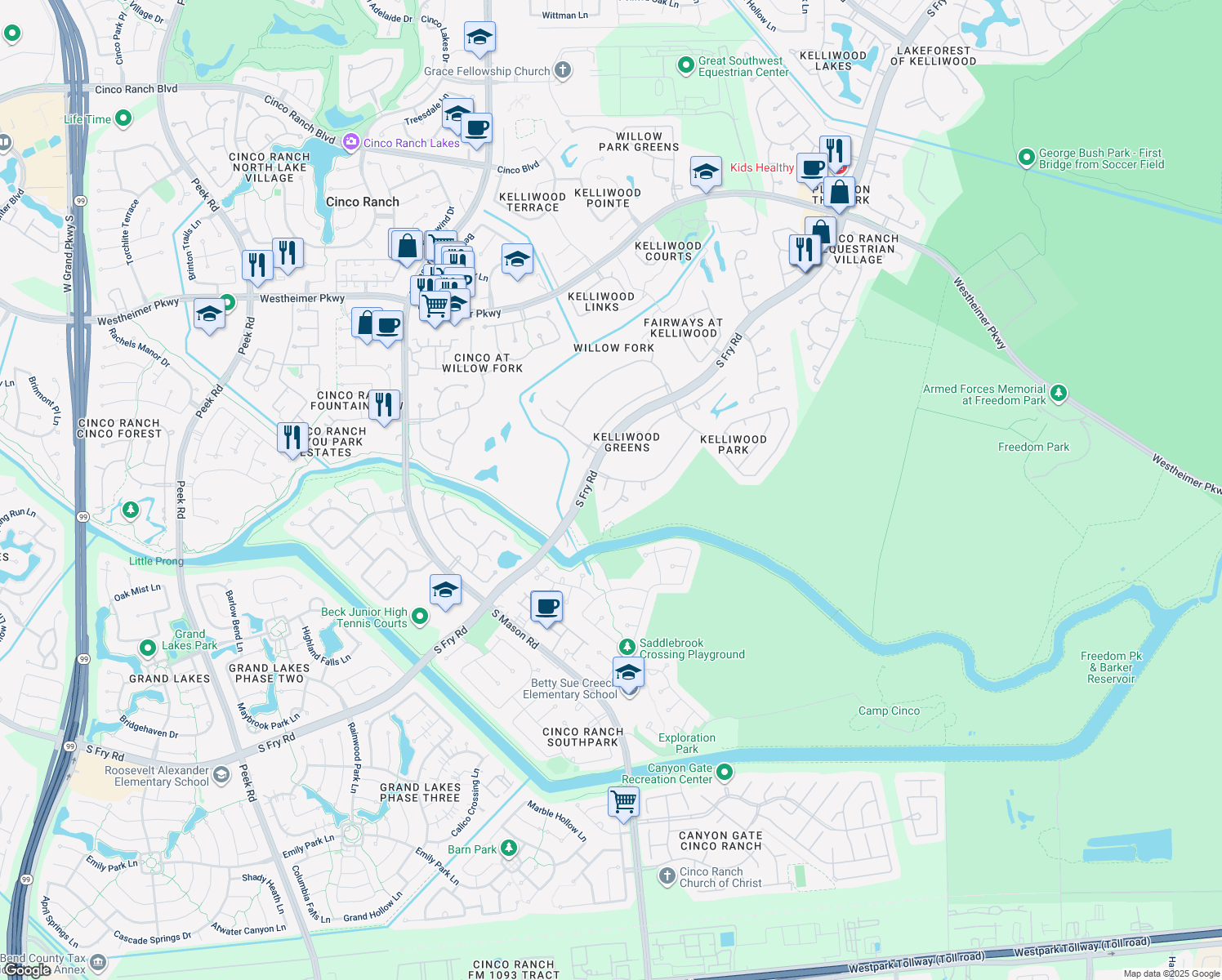 map of restaurants, bars, coffee shops, grocery stores, and more near 4307 Iron Castle Court in Katy