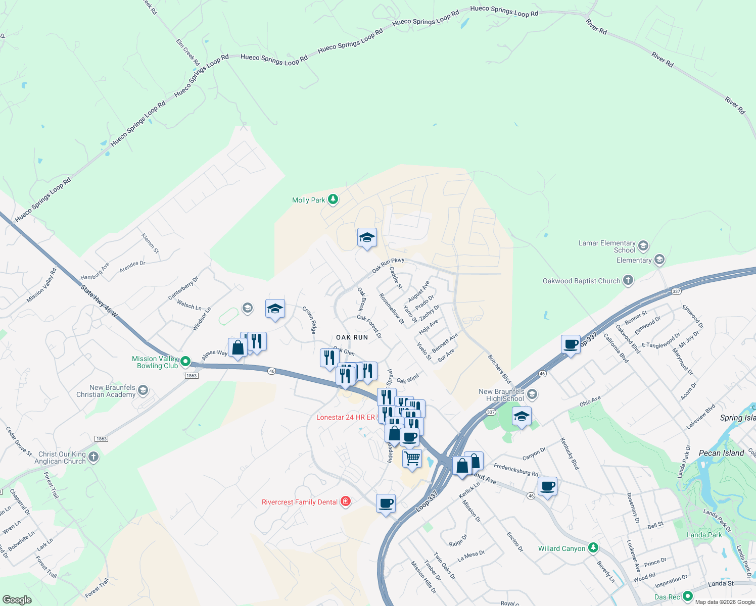map of restaurants, bars, coffee shops, grocery stores, and more near 447 Oak Trace in New Braunfels