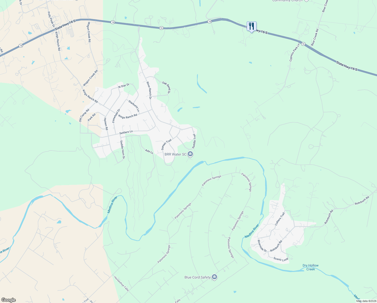 map of restaurants, bars, coffee shops, grocery stores, and more near 157 Wagon Trail in Bandera