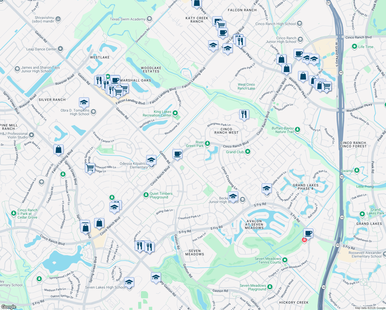 map of restaurants, bars, coffee shops, grocery stores, and more near 25710 Jordan Terrace Ln in Katy