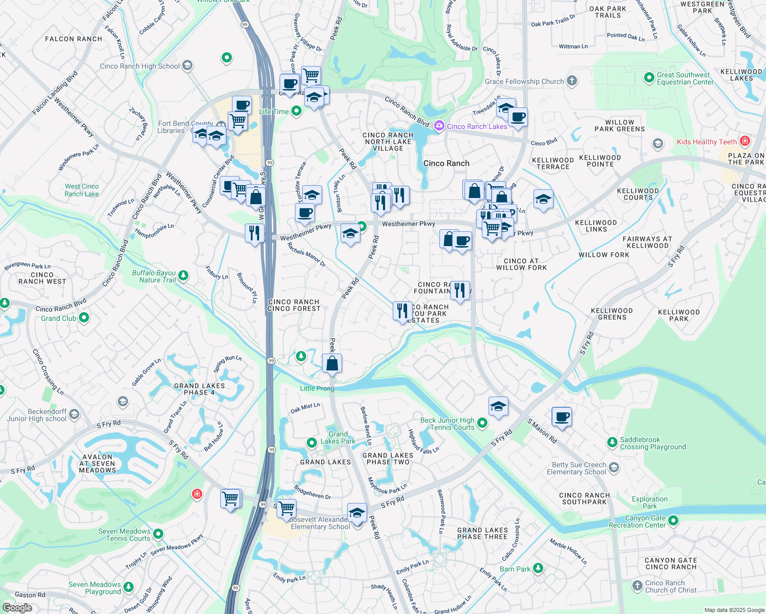 map of restaurants, bars, coffee shops, grocery stores, and more near 22606 Westbrook Cinco Lane in Katy