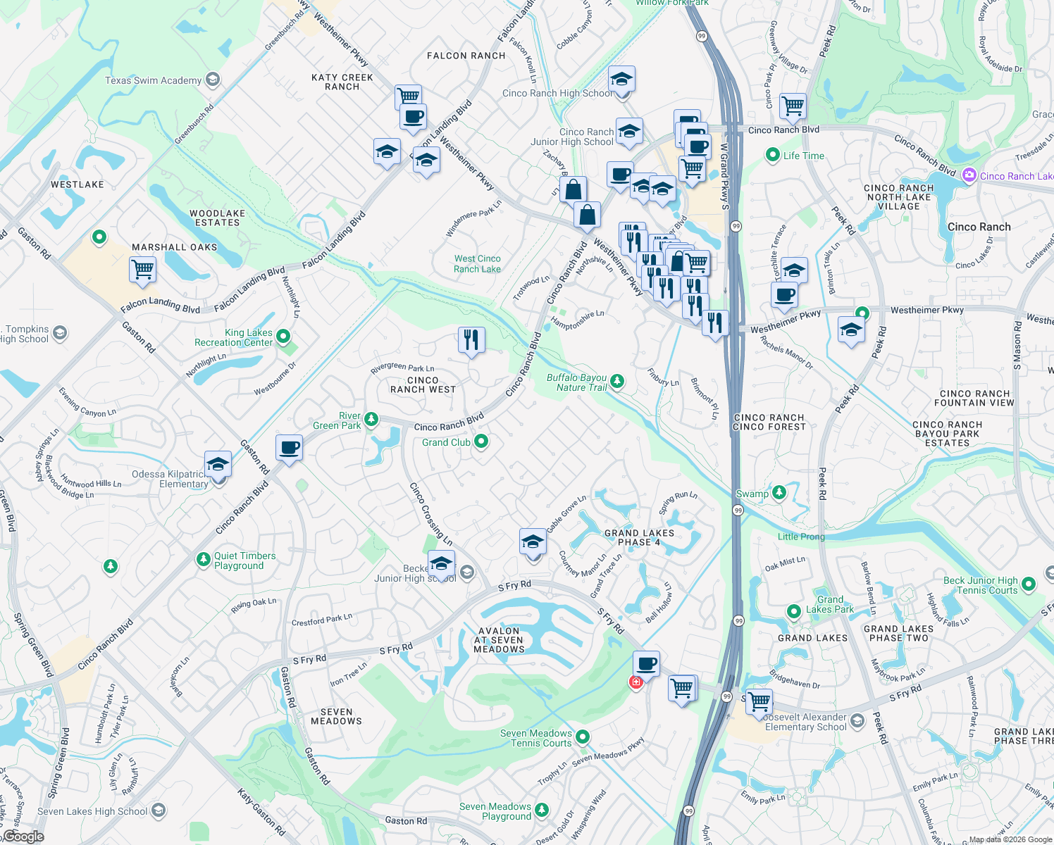 map of restaurants, bars, coffee shops, grocery stores, and more near 5027 Lodenberry Court in Katy