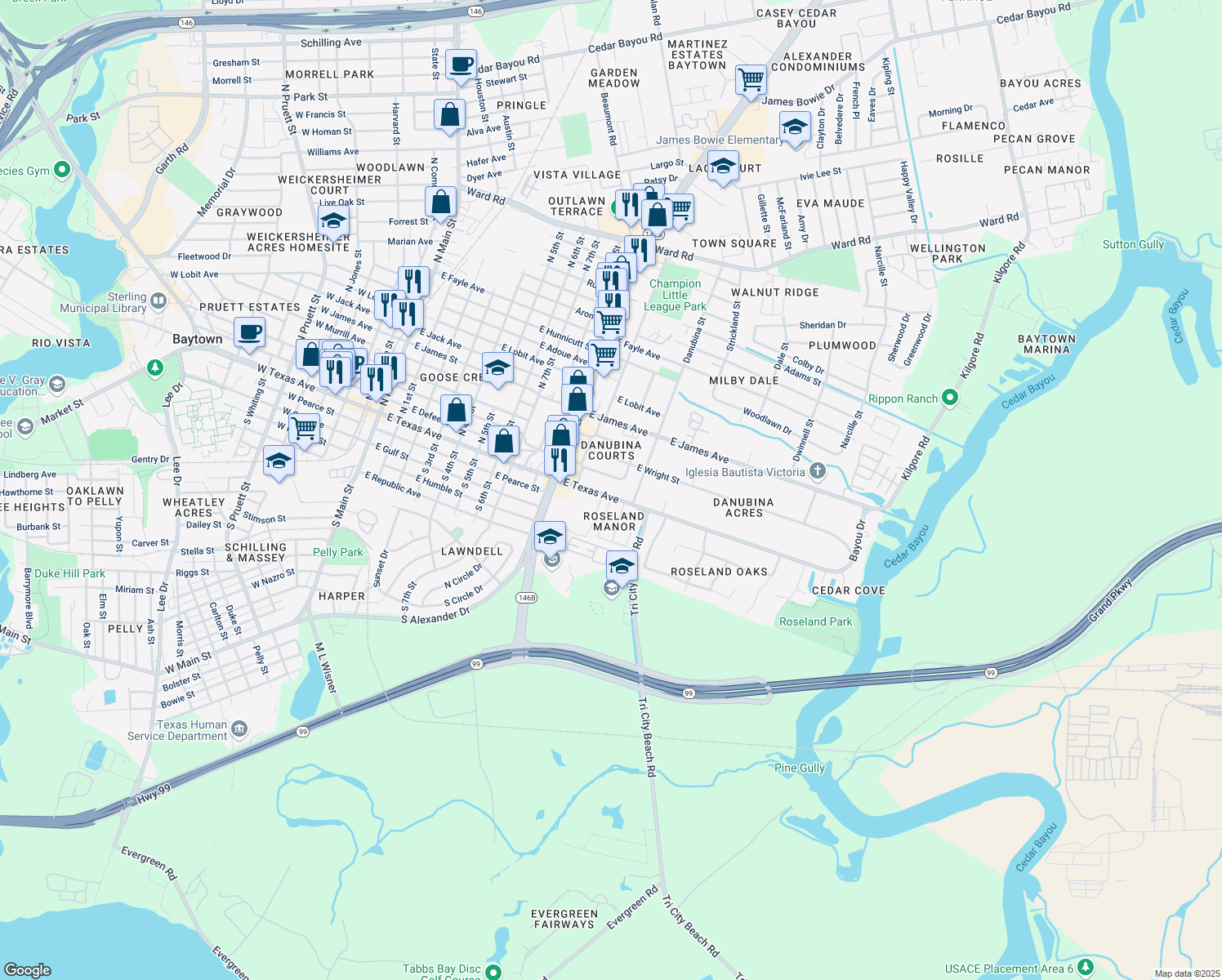 map of restaurants, bars, coffee shops, grocery stores, and more near 1006 East Texas Avenue in Baytown